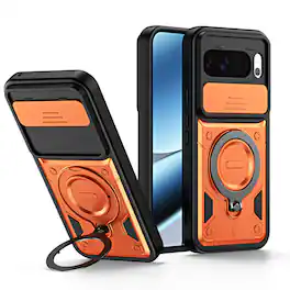 Dteck - For Google Pixel 10 / 10 Pro Shockproof Ring Kickstand Drop Protection Rugged Case Sliding Camera Lens Cover - Orange