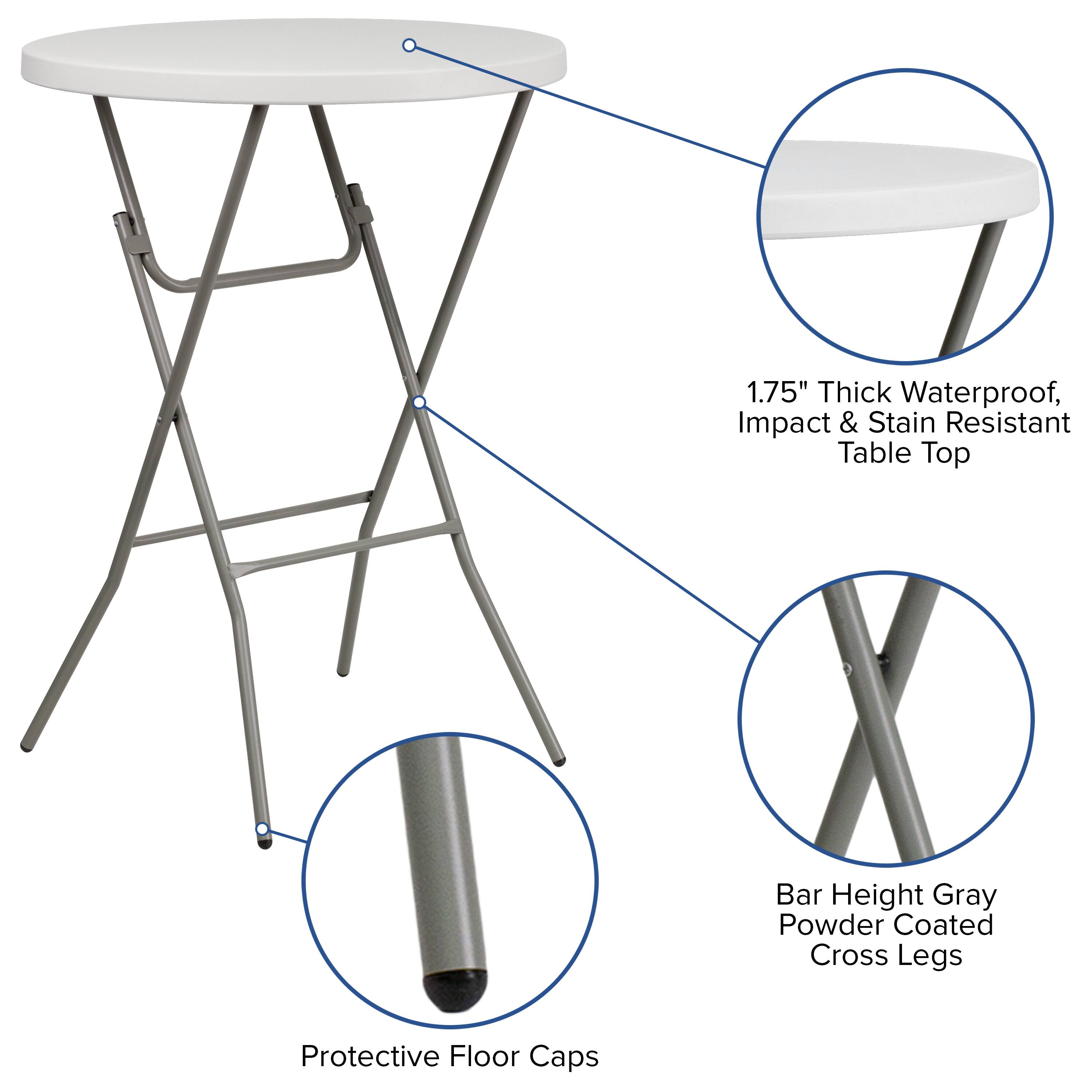 1.75" Thick Waterproof, Impact & Stain Resistant Table Top  
Bar Height Gray Powder Coated Cross Legs  
Protective Floor Caps