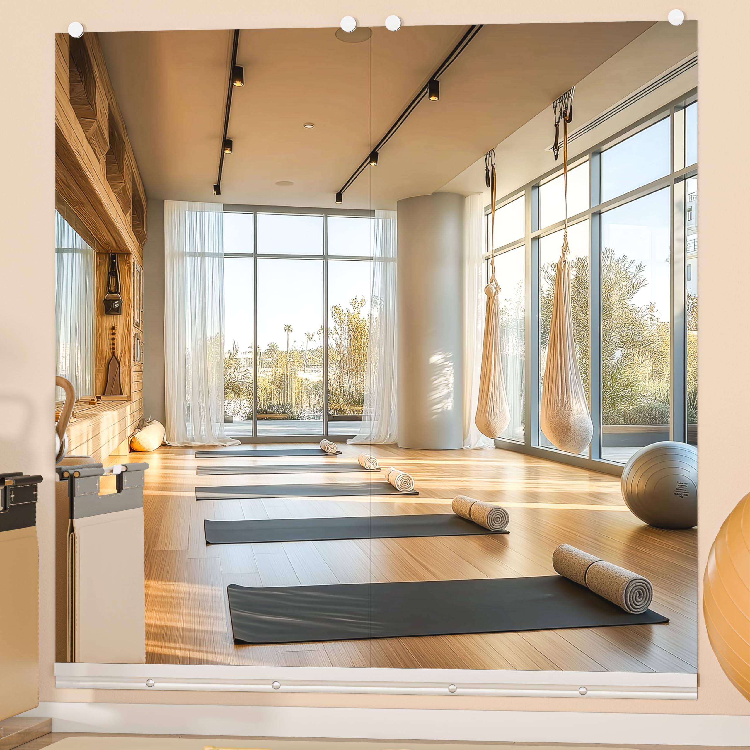 Comfort Essence - Home Gym Mirror 55"x17" Each 2-pack Frameless Wall Mounted Mirrors With Glass Clamps 1 Aluminum Rail Body - Silver-48"x24" - 3PCS