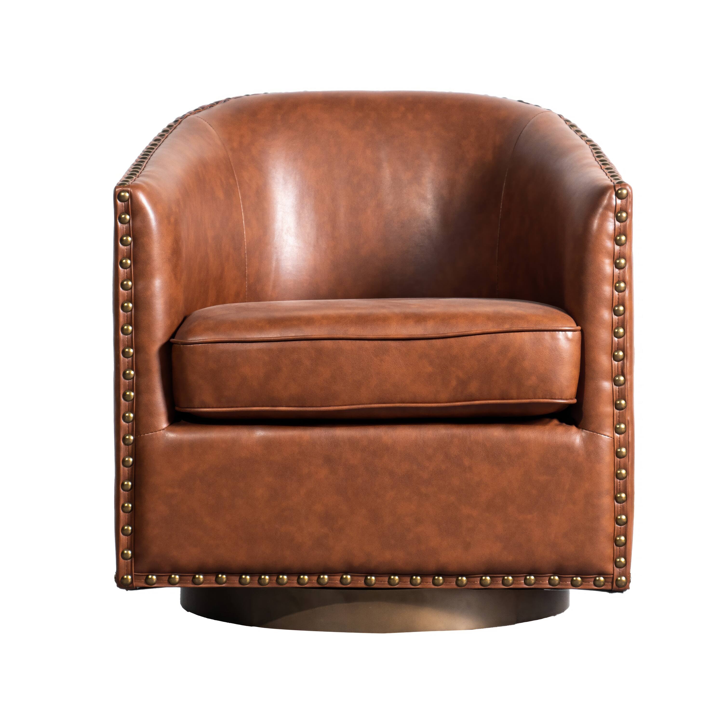 Alt View 9. Emma + Oliver - Cole Upholstered Club Style Barrel Accent Chair with 360° Swivel Vinyl Wrapped Base and Decorative Nail Head Trim - Brown.