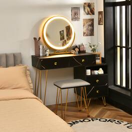Costway - Vanity Table Stool Set Dimmer LED Mirror Large Storage Cabinet Drawer - Black