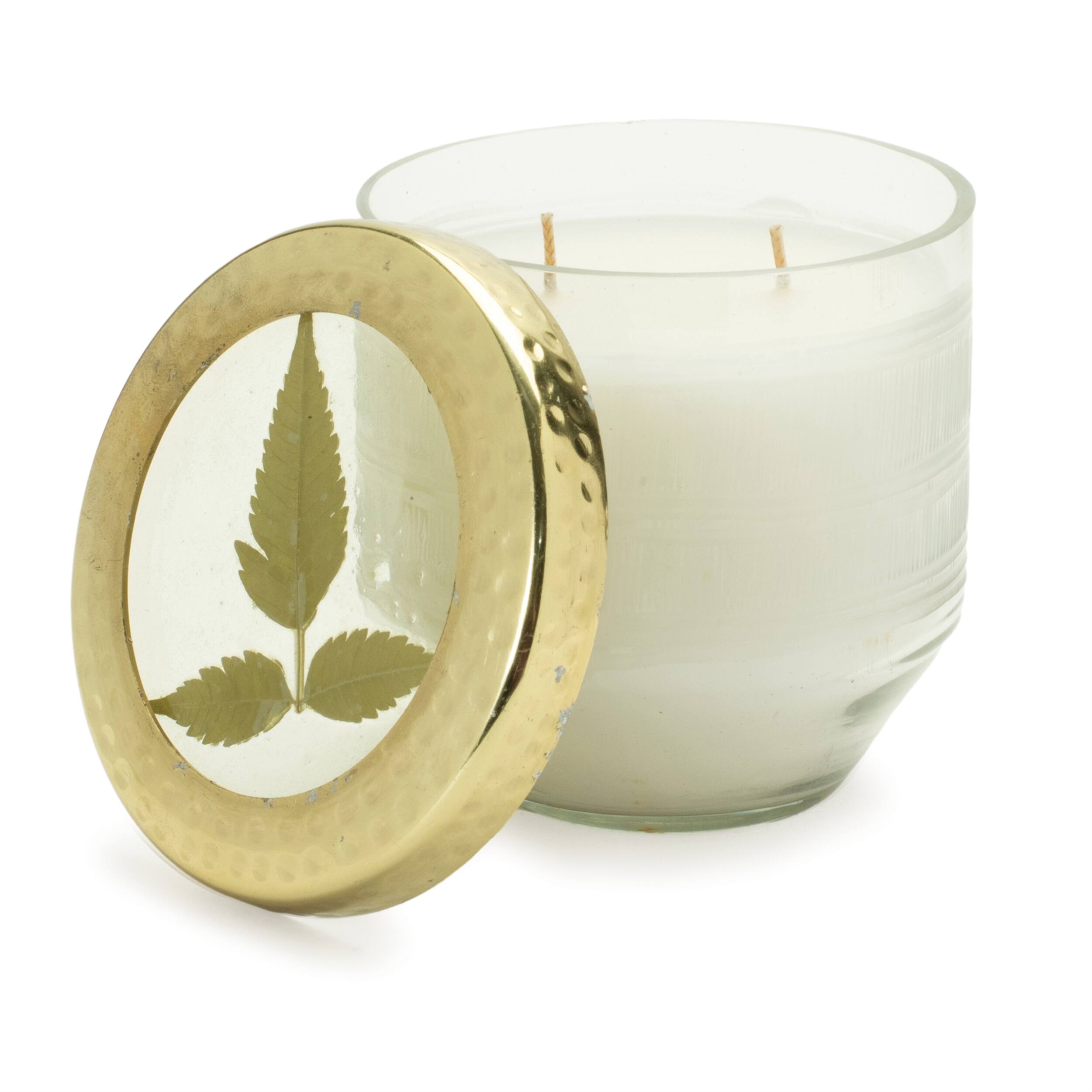 Left. BreeBe - Whit Currant Scented Soy Candle with Pressed Floral Lid 4.25"D - White, Gold.