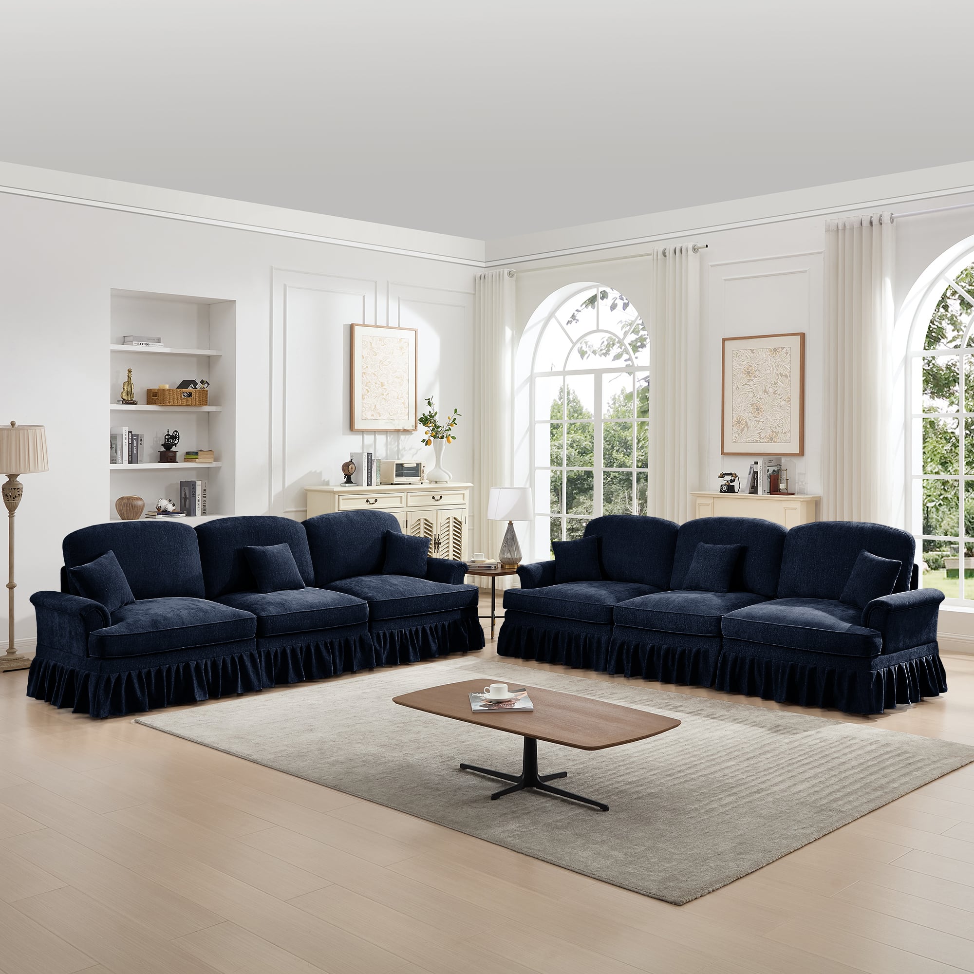 Anysun - Classic 2-Piece Chenille Sofa Set (3+3 Seat Sofa) - Flared Arms, Ruffled Skirt & Spindle Legs - Blue
