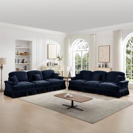 Anysun - Classic 2-Piece Chenille Sofa Set (3+3 Seat Sofa) - Flared Arms, Ruffled Skirt & Spindle Legs - Blue