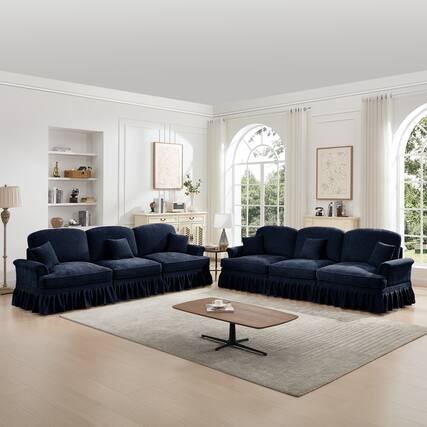 Front. Anysun - Classic 2-Piece Chenille Sofa Set (3+3 Seat Sofa) - Flared Arms, Ruffled Skirt & Spindle Legs - Blue.