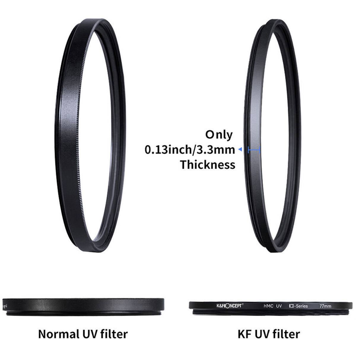 0-0 Only 0.13inch/3.3mm Thickness  
K&FONCEPT HMC UV -Series 77mm  
Normal UV filter  
KF UV filter