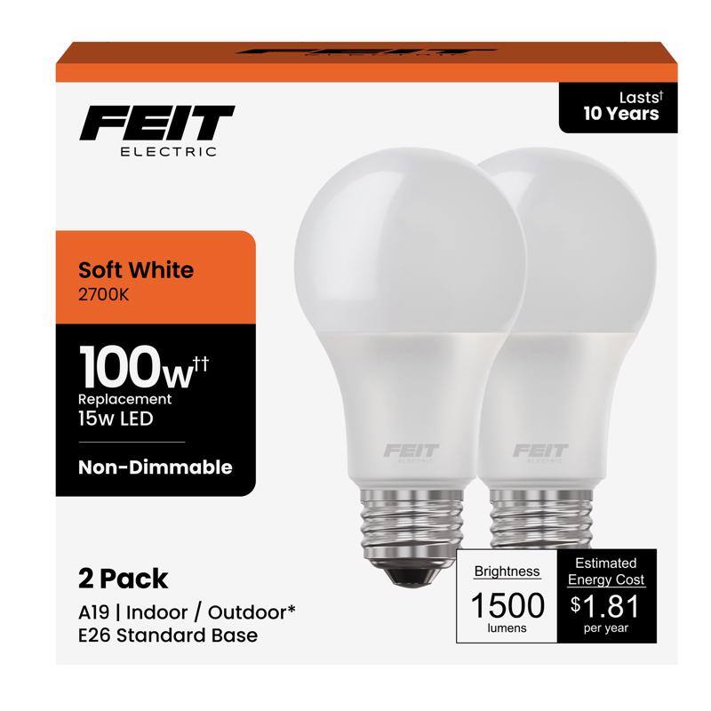 FEIT ELECTRIC

Soft White  
2700K

100W†† Replacement  
15W LED  
Non-Dimmable

2 Pack  
A19 | Indoor / Outdoor*  
E26 Standard Base

Brightness  
1500 lumens

Estimated Energy Cost  
$1.81 per year

Lasts† 10 Years