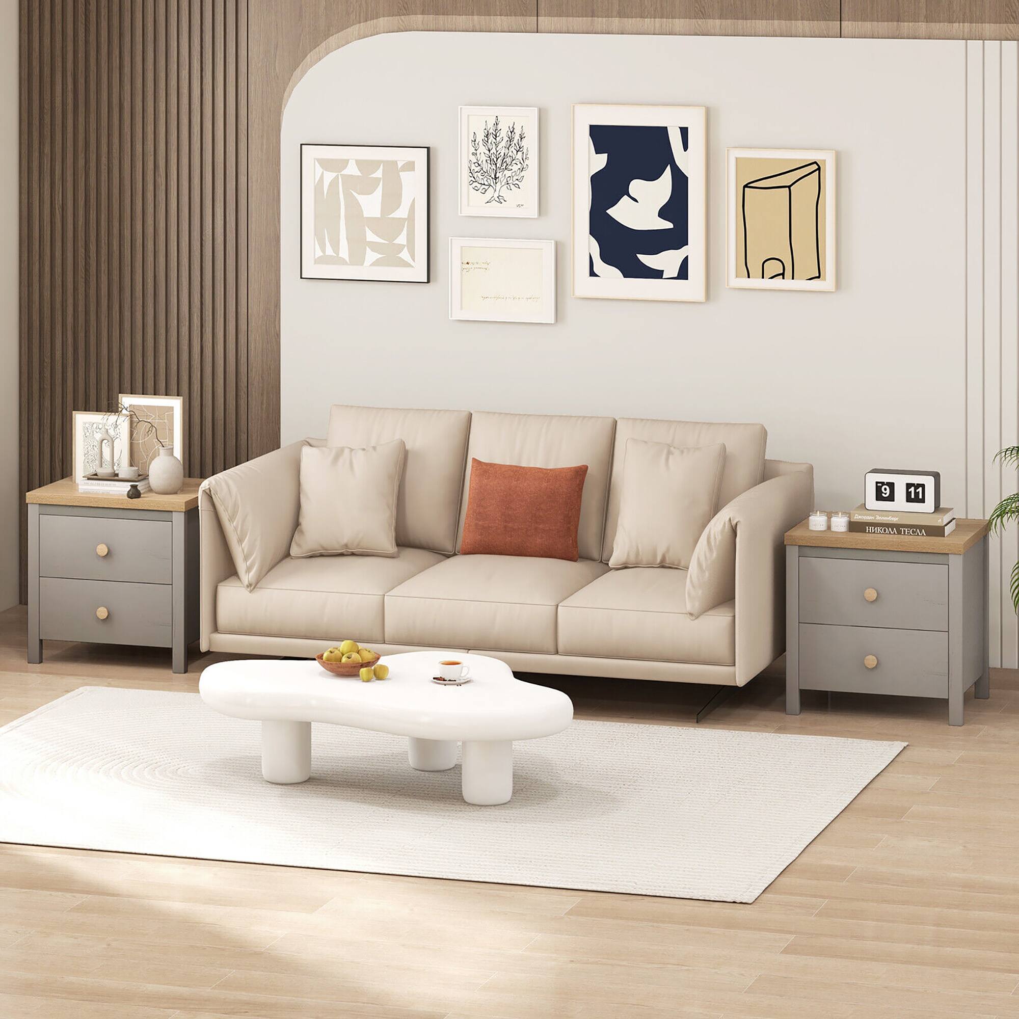 Alt View 3. Gymax - Gymax 2 PCS Nightstand Farmhouse Side End Table w/ Solid Wood Legs & 2 Drawers Gray - Gray.