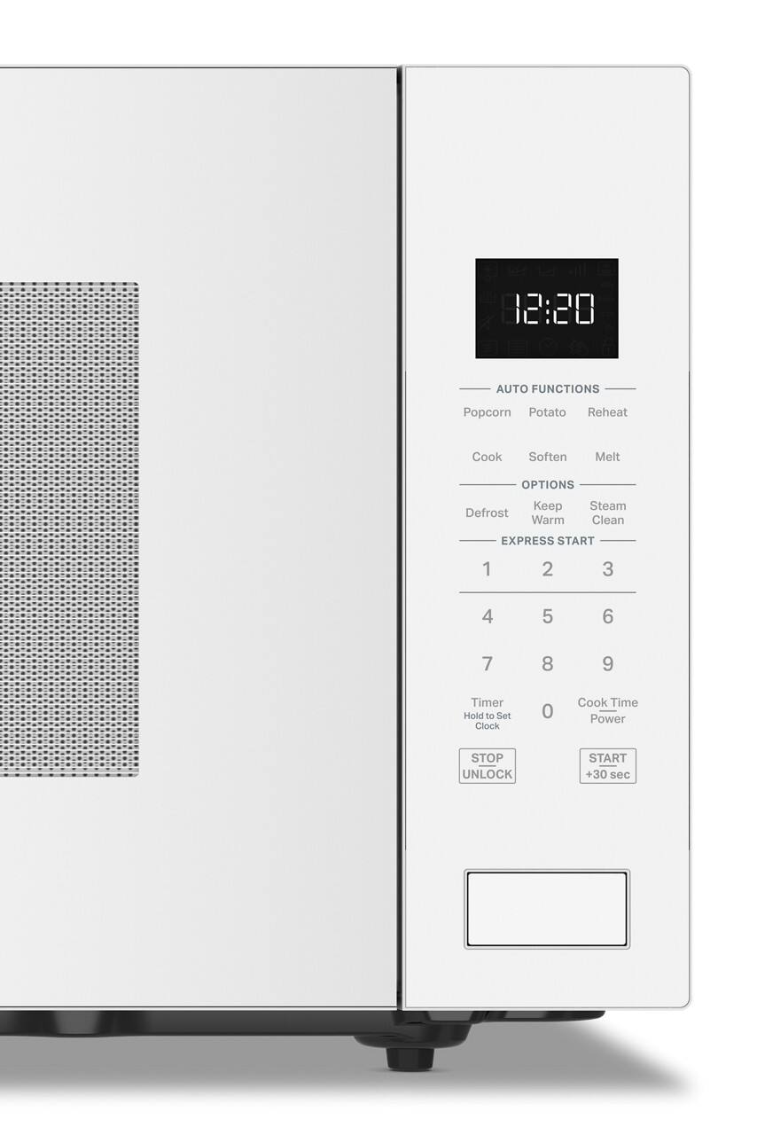 12:20

AUTO FUNCTIONS
- Popcorn
- Potato
- Reheat
- Cook
- Soften
- Melt

OPTIONS
- Defrost
- Keep Warm
- Steam Clean

EXPRESS START
1 2 3
4 5 6
7 8 9

Timer Hold to Set Clock
0 Cook Time Power

STOP UNLOCK
START +30 sec