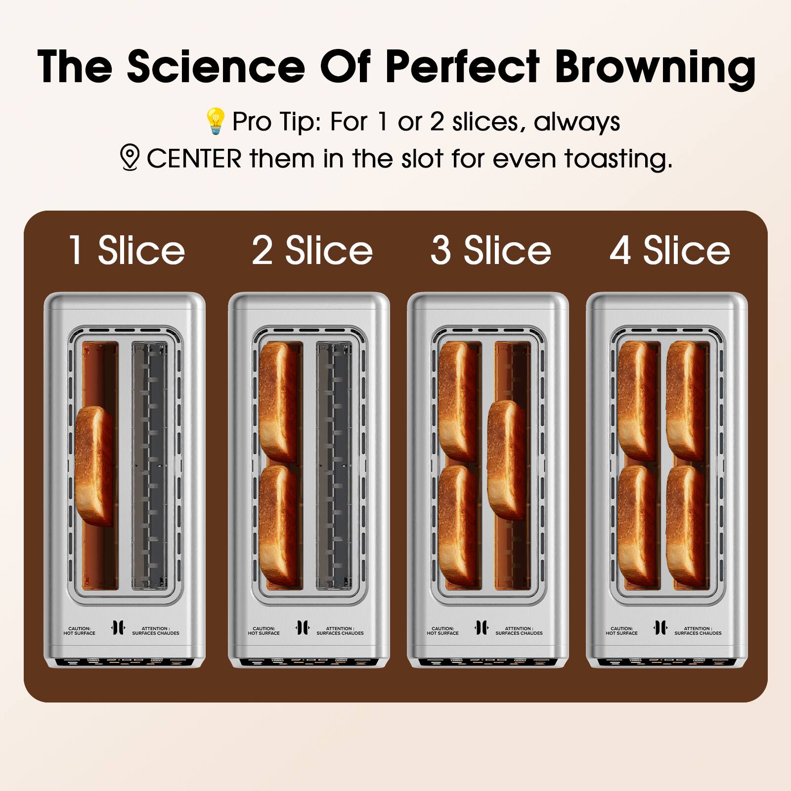 The Science Of Perfect Browning

Pro Tip: For 1 or 2 slices, always CENTER them in the slot for even toasting.

1 Slice 2 Slice 3 Slice 4 Slice