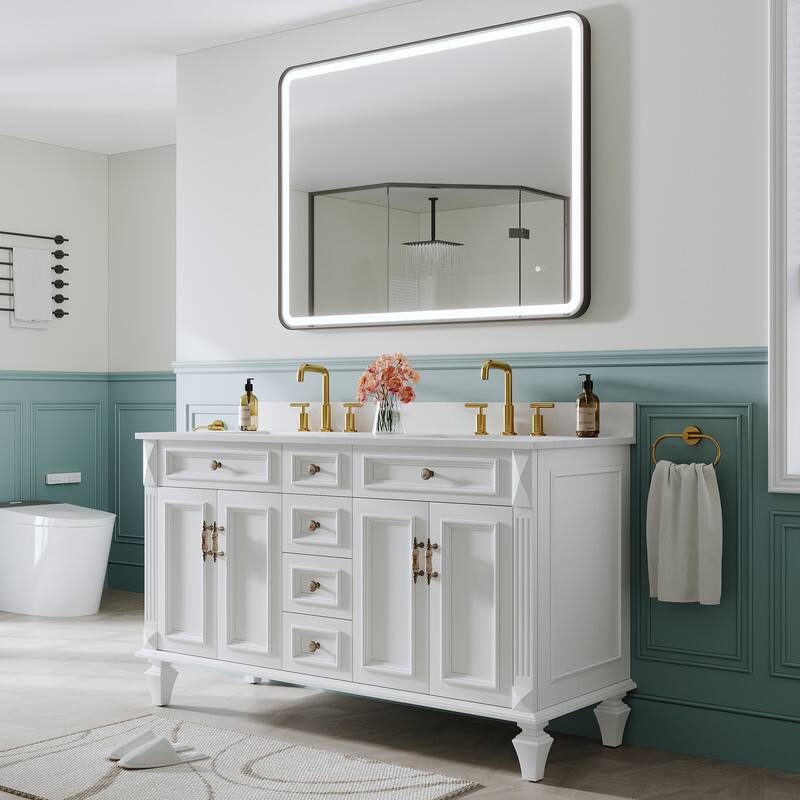 Angle. WELLFOR - 48" x 36"Anti-Fog LED Bathroom Mirror, Wall Bathroom Vanity Mirror with Framed Round Corner - Matte Black.