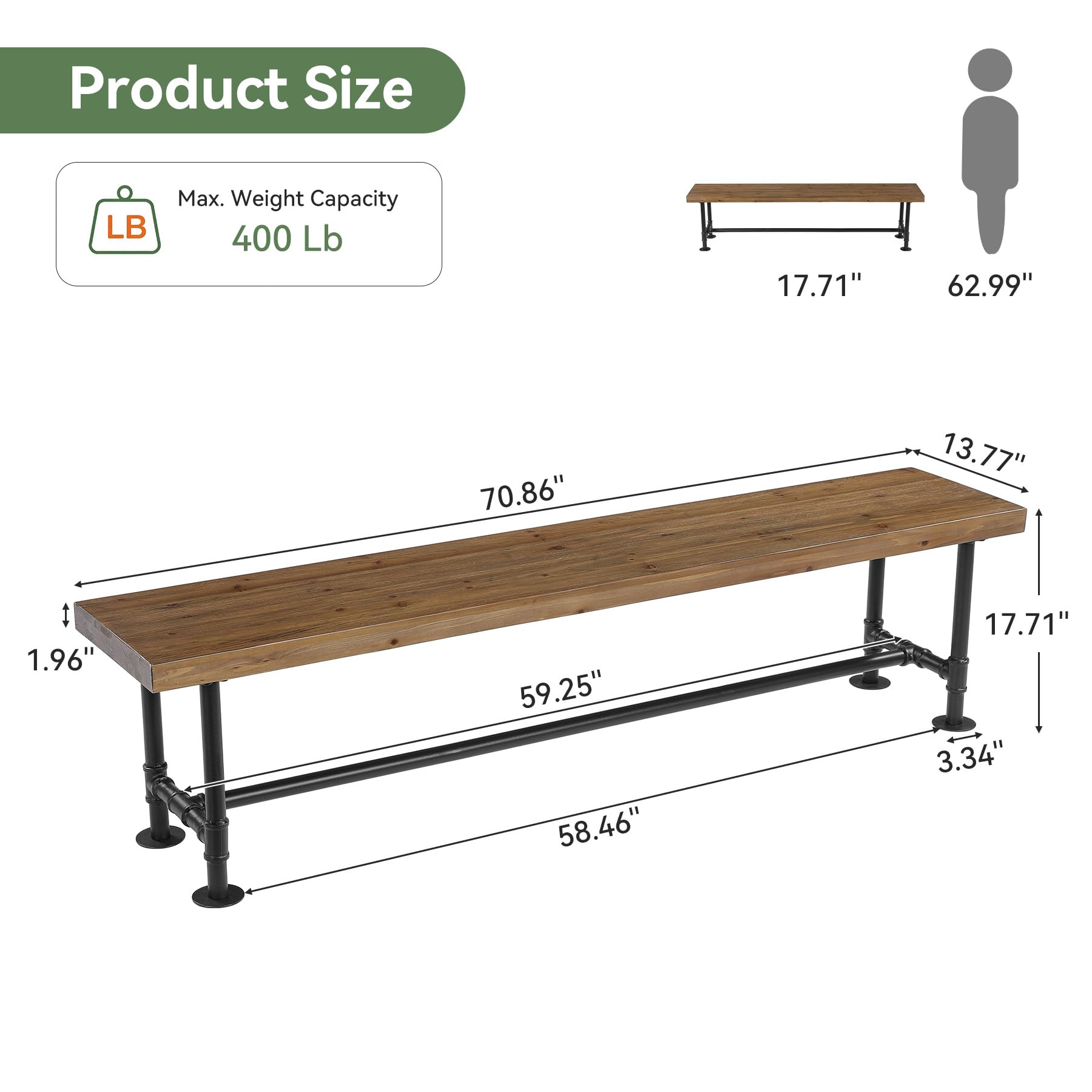 Product Size  
Max. Weight Capacity 400 Lb  
17.71"  
62.99"  
70.86"  
13.77"  
1.96"  
59.25"  
58.46"  
17.71"  
3.34"