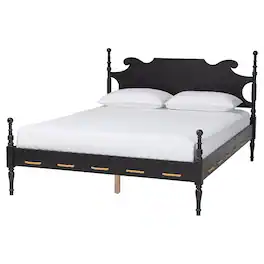 Baxton Studio - Gaetano Platform Bed - Four Poster Bed Frame with Turned Posts and Panel Headboard for Bedroom, Queen - Black