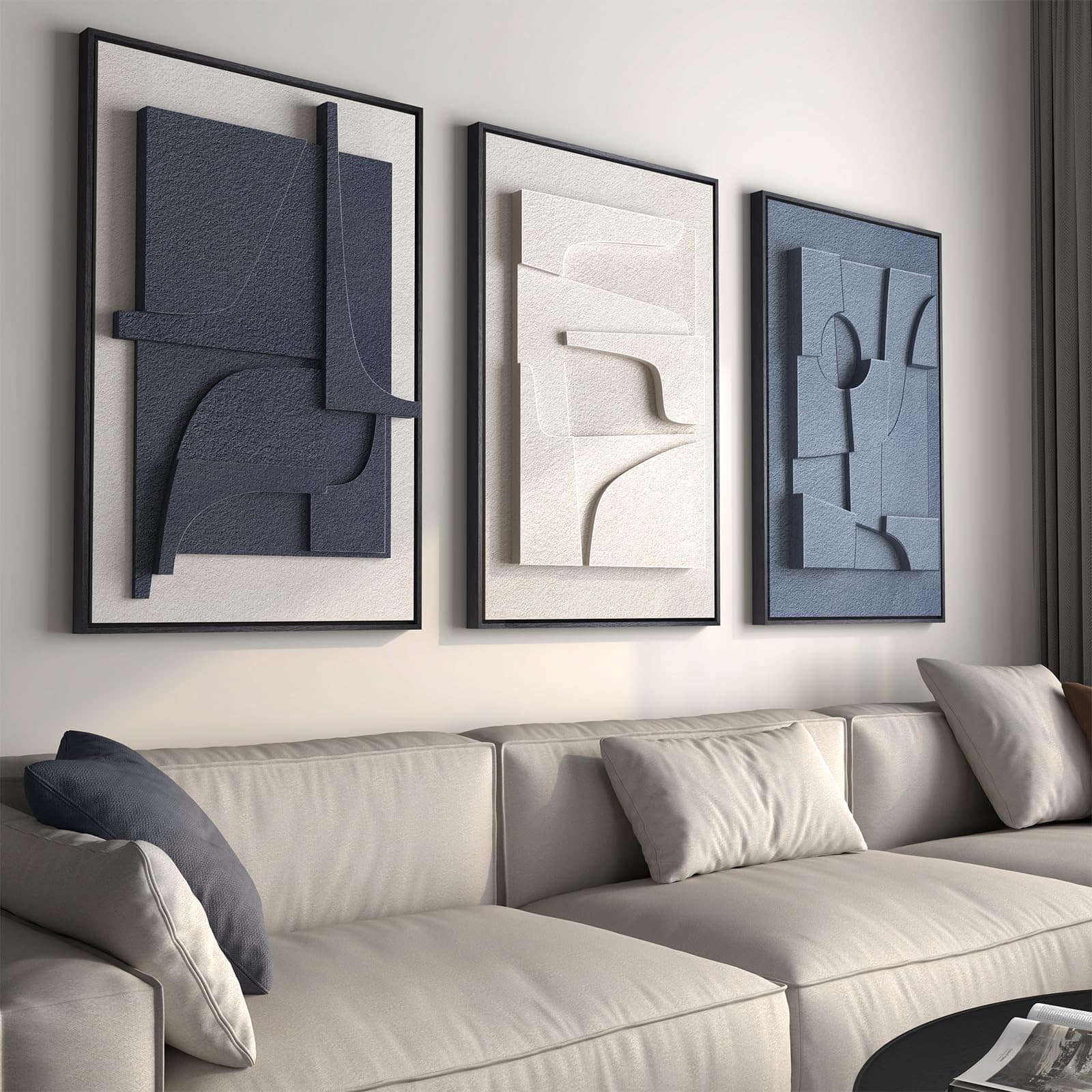 Hirose Alice - Large 3D Textured Framed Black and White Abstract Wall Art for Living Room Modern Artwork for Walls Black - Blue & White 24" W x 36" H x 3Pcs