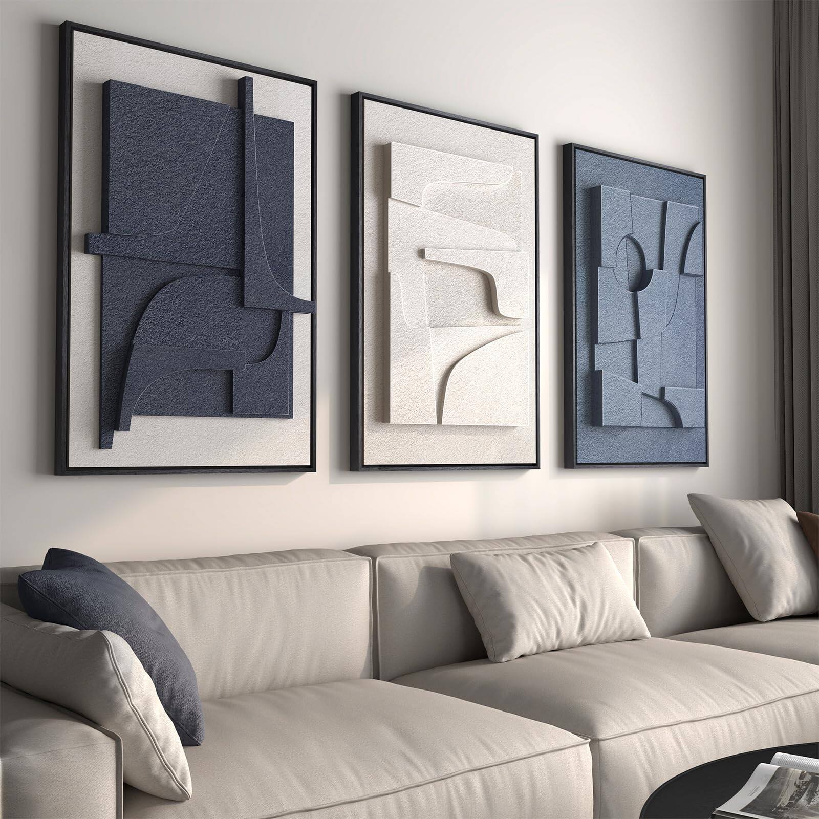 Front. Hirose Alice - Large 3D Textured Framed Neutral Abstract Wall Art for Living Room Modern Artwork for Walls Minimalist White - Blue & White 24" W x 36" H x 3Pcs.
