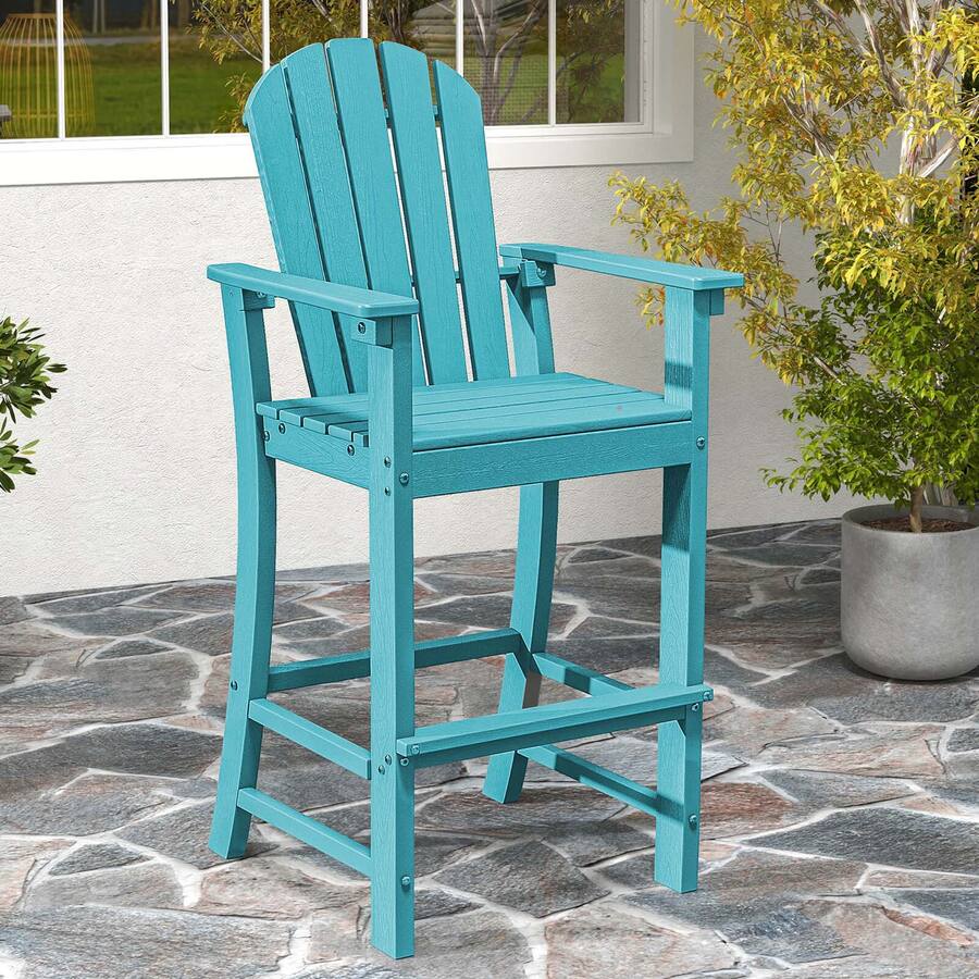Costway Outdoor HDPE Bar Height Stool Patio Tall Chair Armrest Footrest All Weather Turquoise