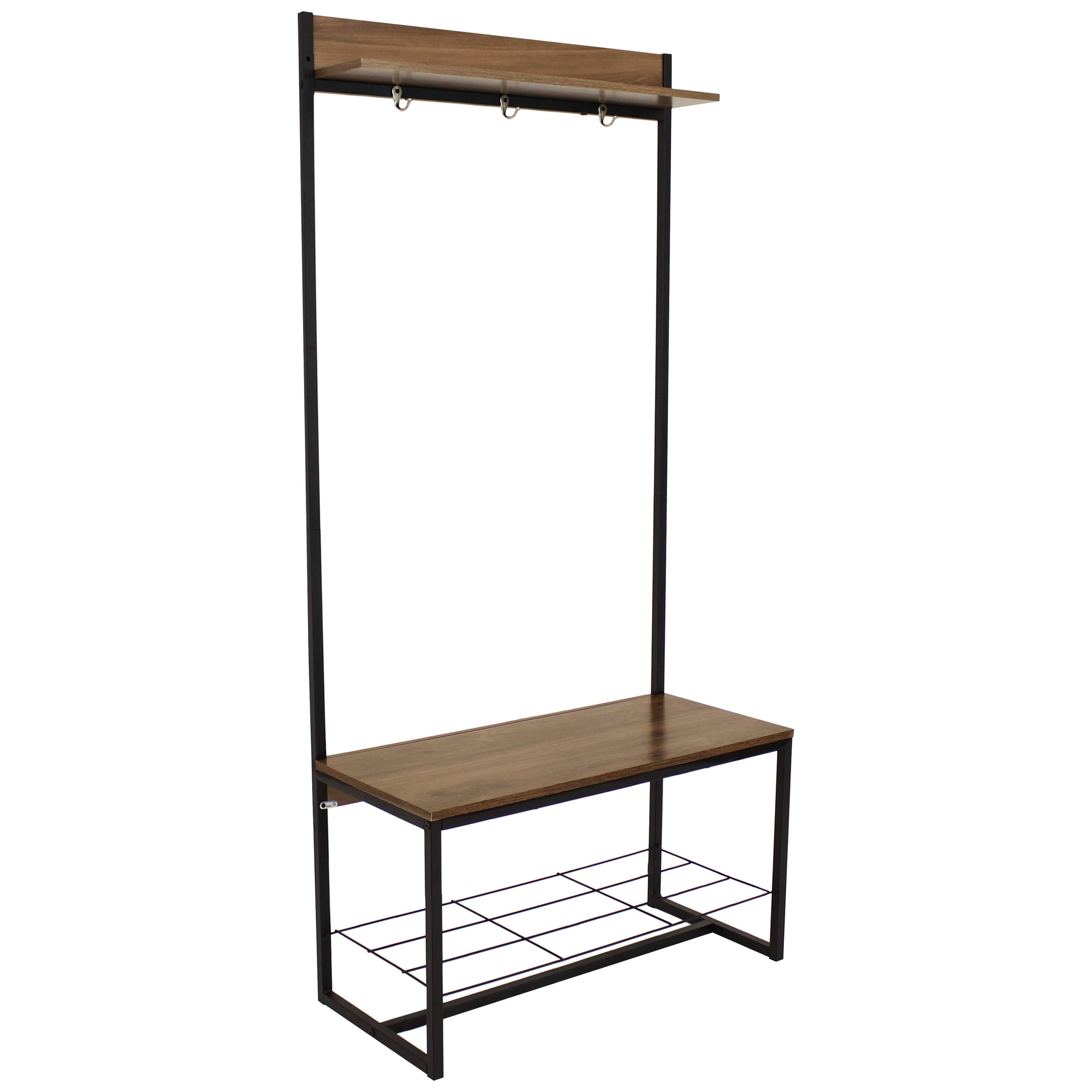 Front. Sunnydaze - Industrial MDP Hall Tree with Coat/Shoe Rack - 67 in - Light Brown.