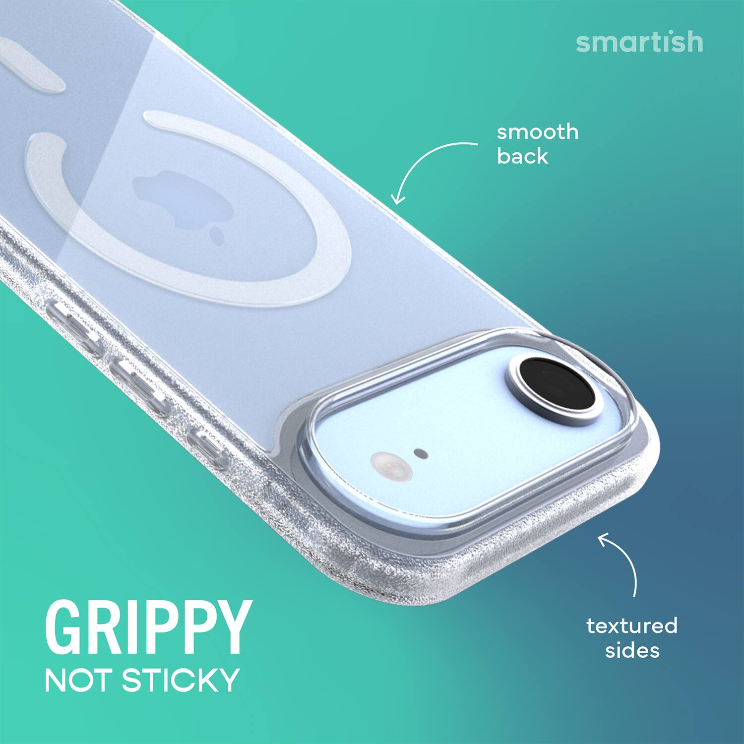 smartish  
smooth back  
GRIPPY NOT STICKY  
textured sides