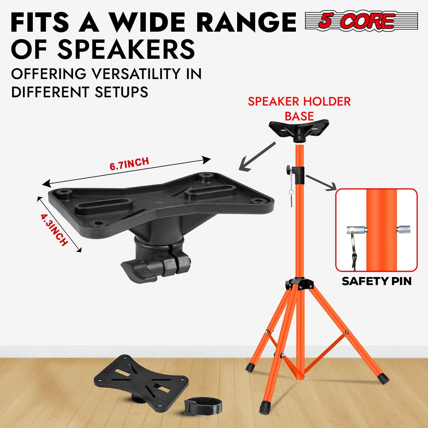 Fits a wide range of speakers, offering versatility in different setups. Speaker holder base: 6.7 inches, 4.3 inches. Safety pin.