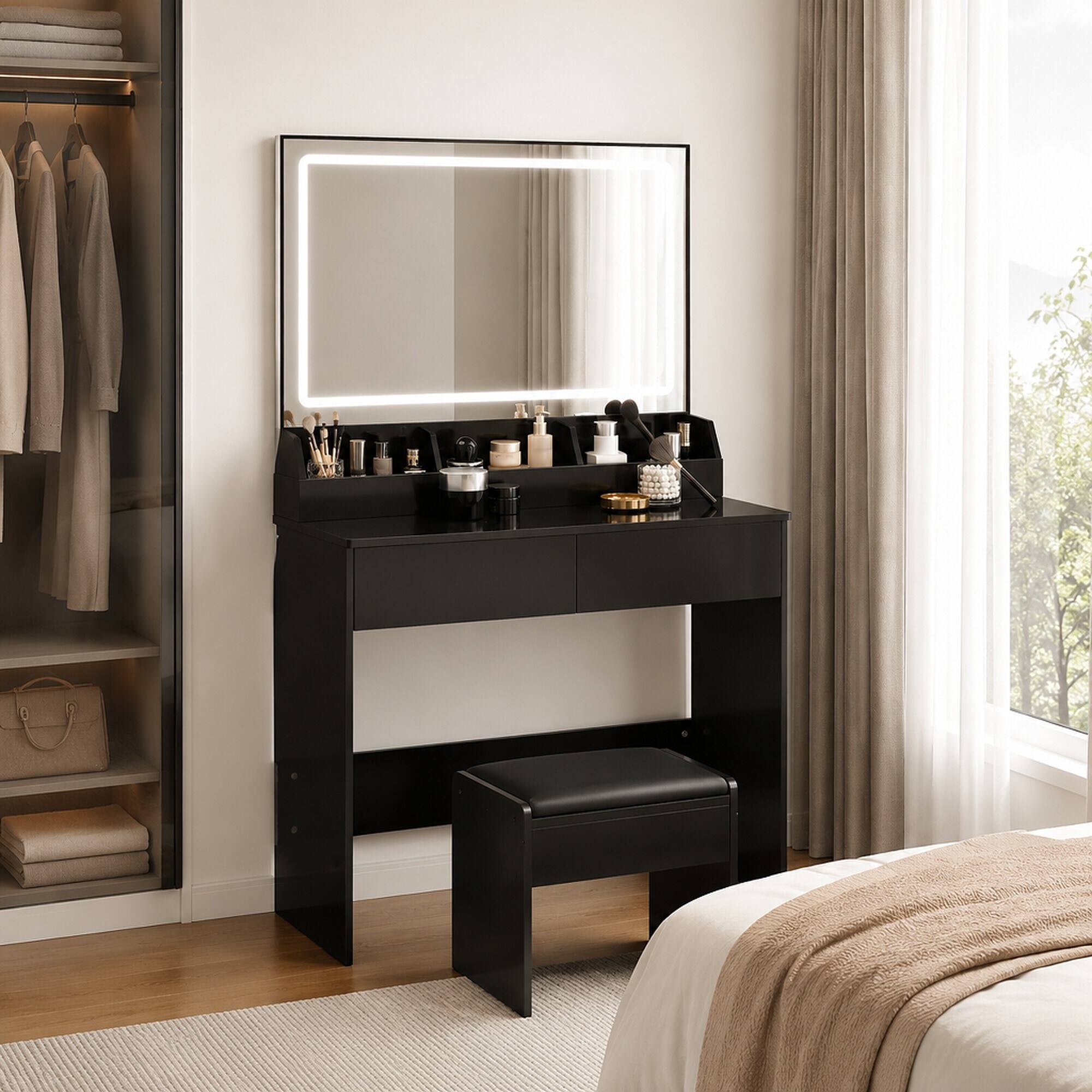 Angle. RYHNUYNE - 31 x 20 in LED Mirror Vanity Table Set, Touch Switch, 3 Light Colors, Adjustable Brightness, Storage, Cushioned Stool - Black.