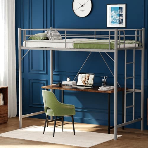 Winado - Loft Bed Twin Size with Flat Ladder High Guardrail Rung Heavy Duty Metal Bed Frame Support for Adults Kids Young Teens - Gray