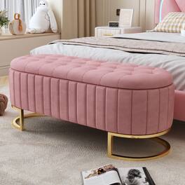 Ropilly - Velvet Storage Ottoman Bench, Button Tufted End of Bed Bench with Metal Legs for Bedroom and Living Room - Pink