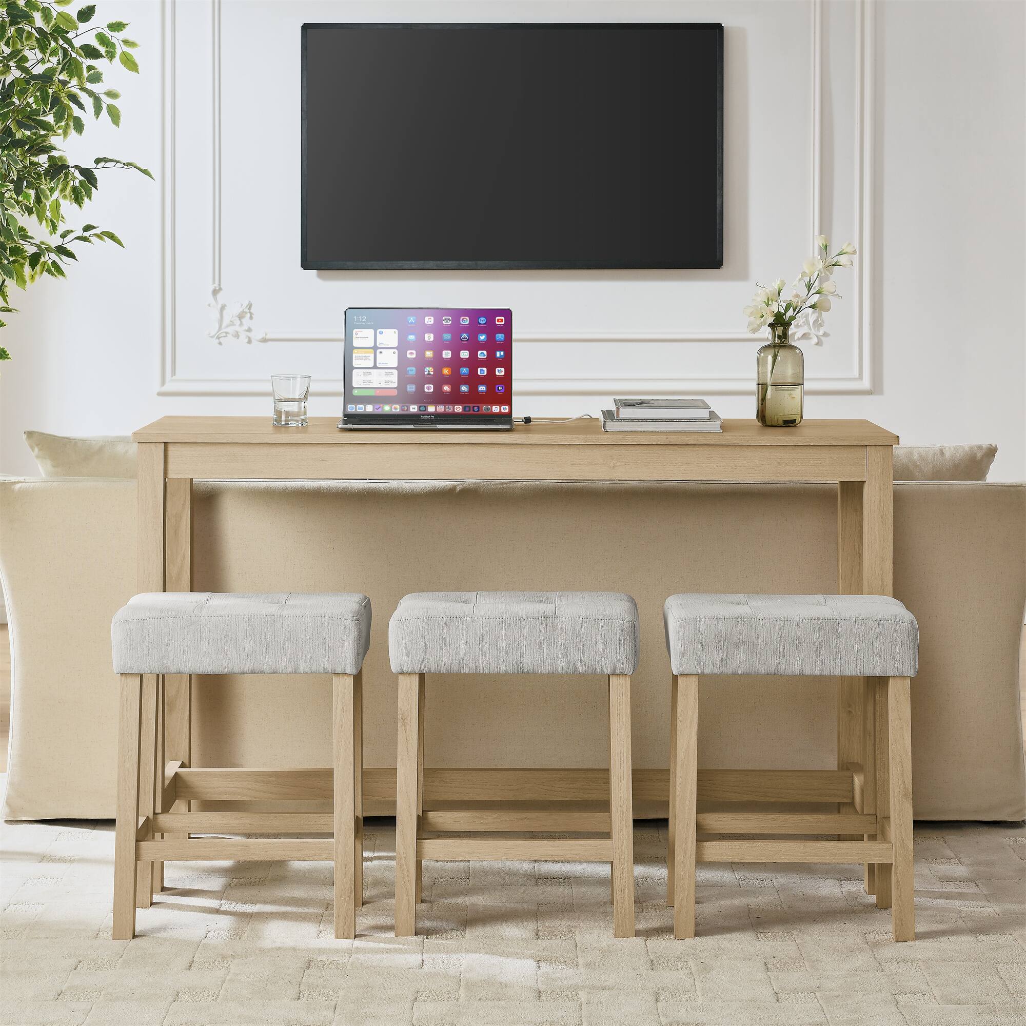 Back. APRILSOUL - 59 Inch Bar Table Dining Table Sofa Table Power Outlet 3 Upholstered Stools 4 Piece Set - White.