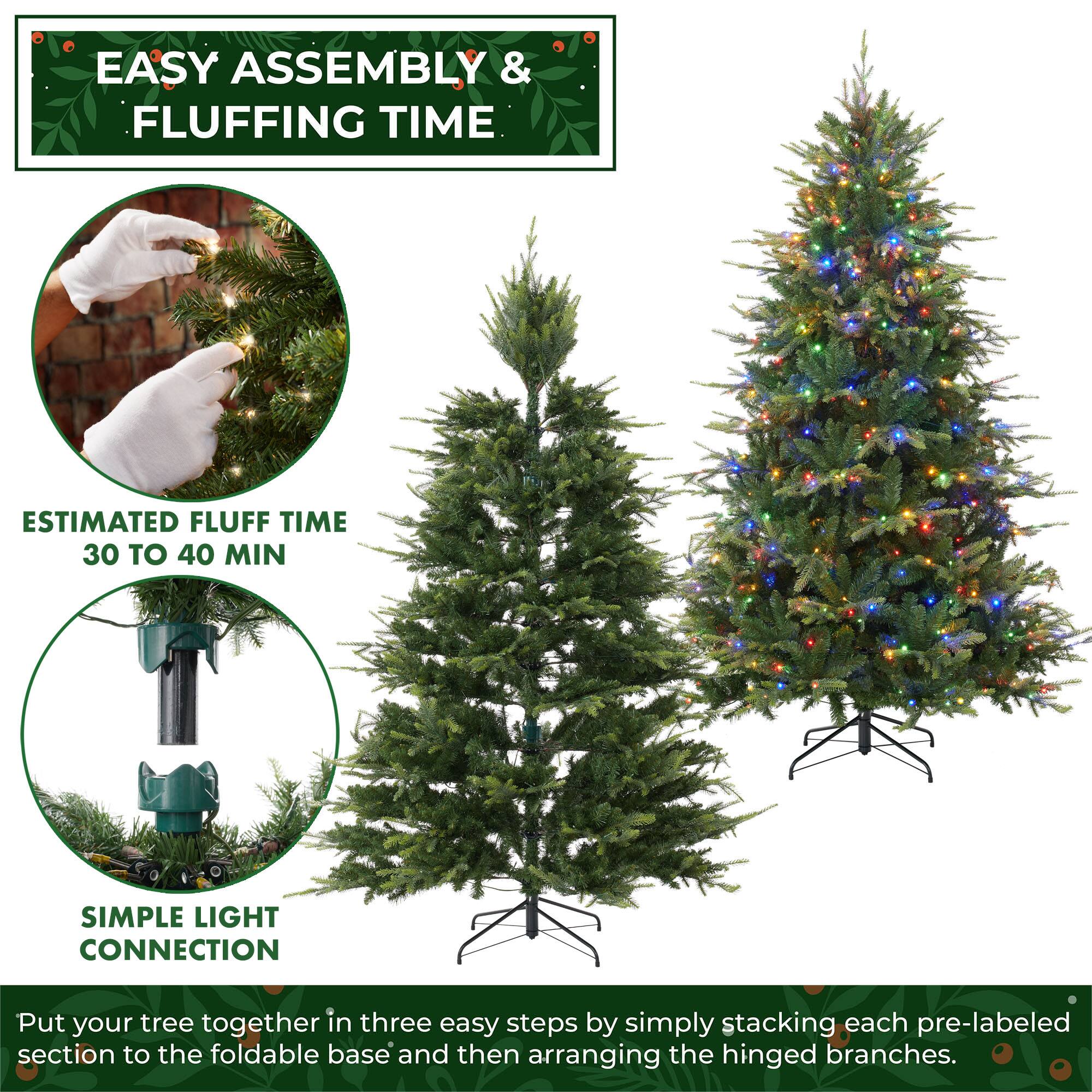 EASY ASSEMBLY & FLUFFING TIME

ESTIMATED FLUFF TIME 30 TO 40 MIN

SIMPLE LIGHT CONNECTION

Put your tree together in three easy steps by simply stacking each pre-labeled section to the foldable base and then arranging the hinged branches.