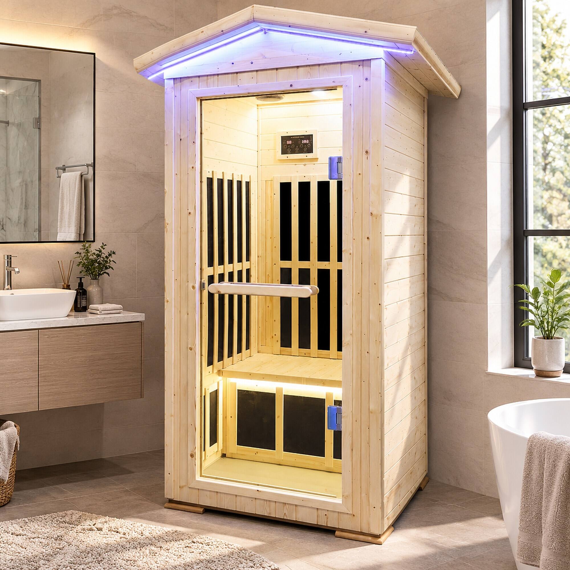 Back. RYHNUYNE - Single Person Spruce Far Infrared Sauna, 900 x 900 x 2070 mm, 7 Heating Plates, Bluetooth Music Player, 1550W - Natural.