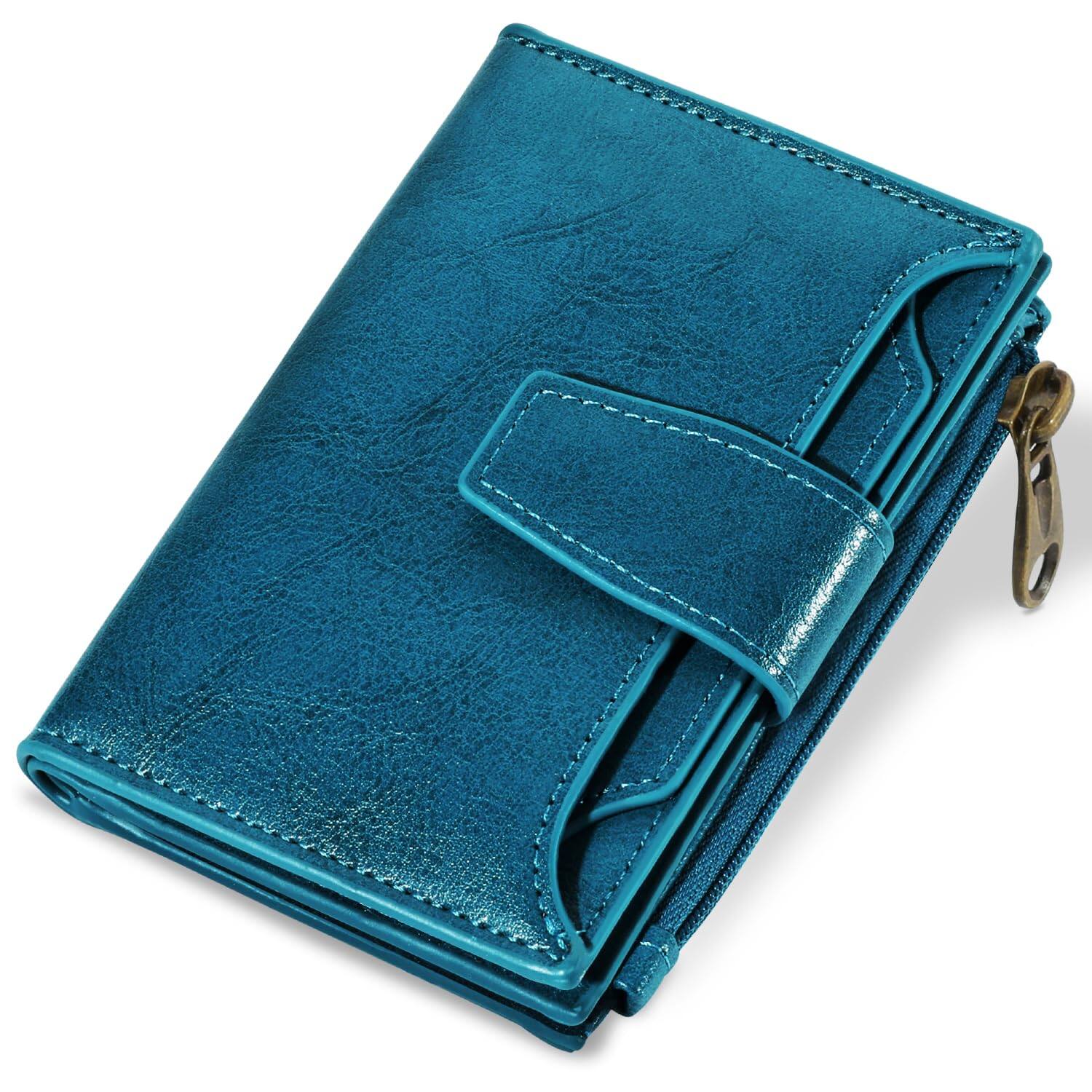 Jadie Link - Small Wallet Women Rfid Blocking Soft Leather Bifold Compact Card Holder Zipper Pocket Window Compact Design, Carry Ease - Peacock Blue