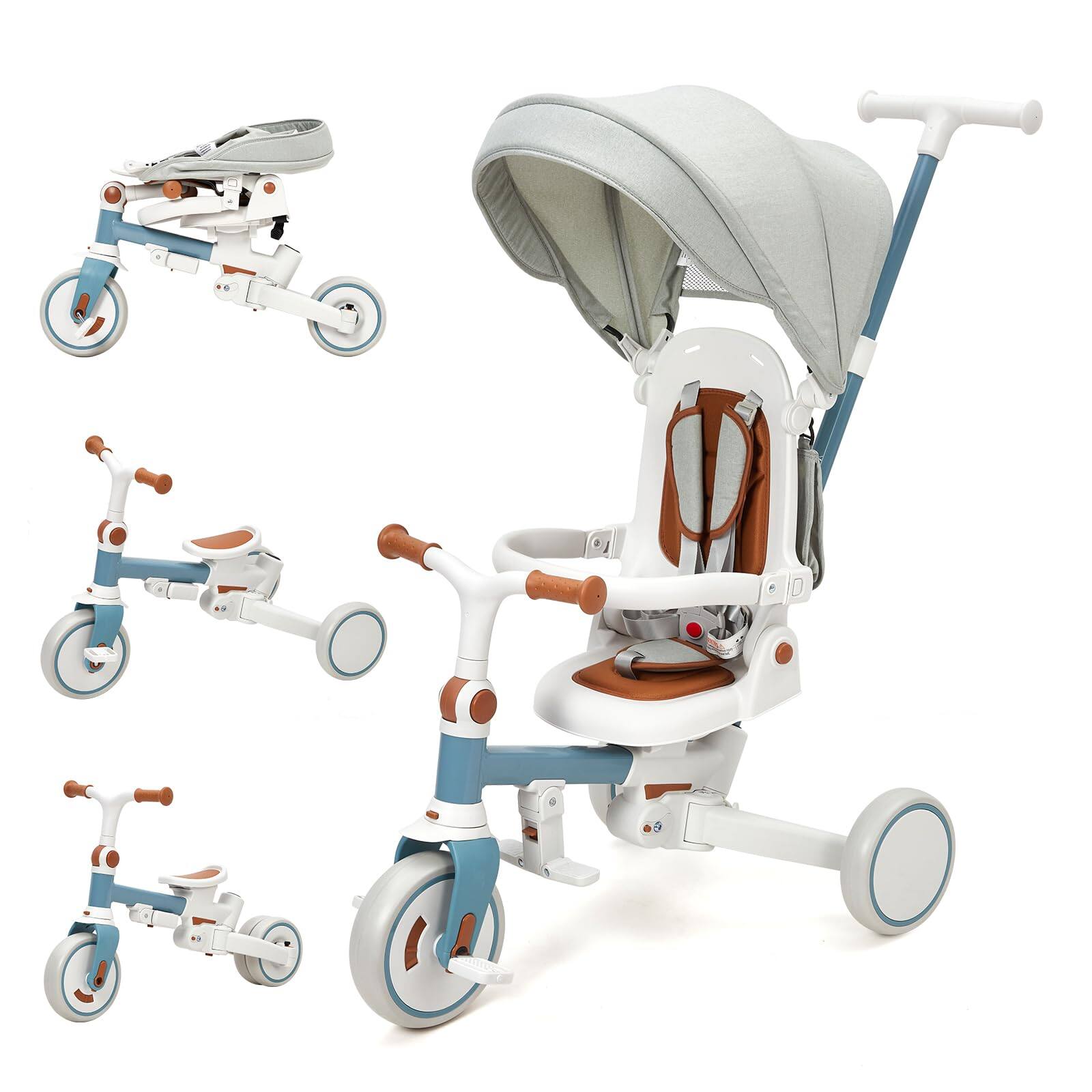 Jojoka - 7-in-1 Foldable Baby Tricycle w/Adjustable Handle, Toddler Trike w/ Safety Harness, Wheel Brakes and Removable Canopy - Blue