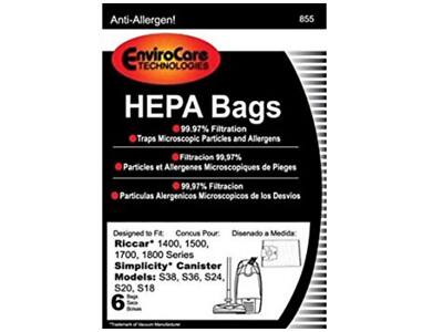 Anti-Allergen!  
855 EnviroCore TECHNOLOGIES HEPA Bags  
99.97% Filtration Traps Microscopic Particles and Allergens  
Filtracion 99,97% Particulas Alergenicos Microscopicos de los Desvios  
Designed to Fit: Riccar 1400, 1500, 1700, 1800 Series  
Simplicity* Canister Models: S38, S36, S24, S20, S18  
Bag 6