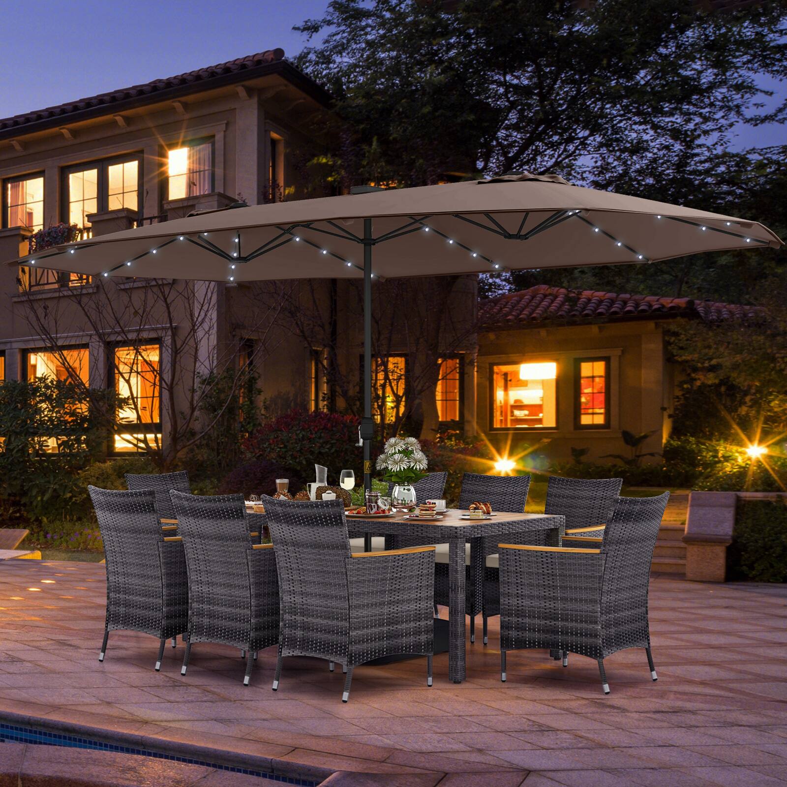 Alt View 4. Costway - 11 PCS Patio Dining Set with 15 ft Double-Sided Patio Umbrella 8 Armchairs - Mix Gray,Beige,Tan.