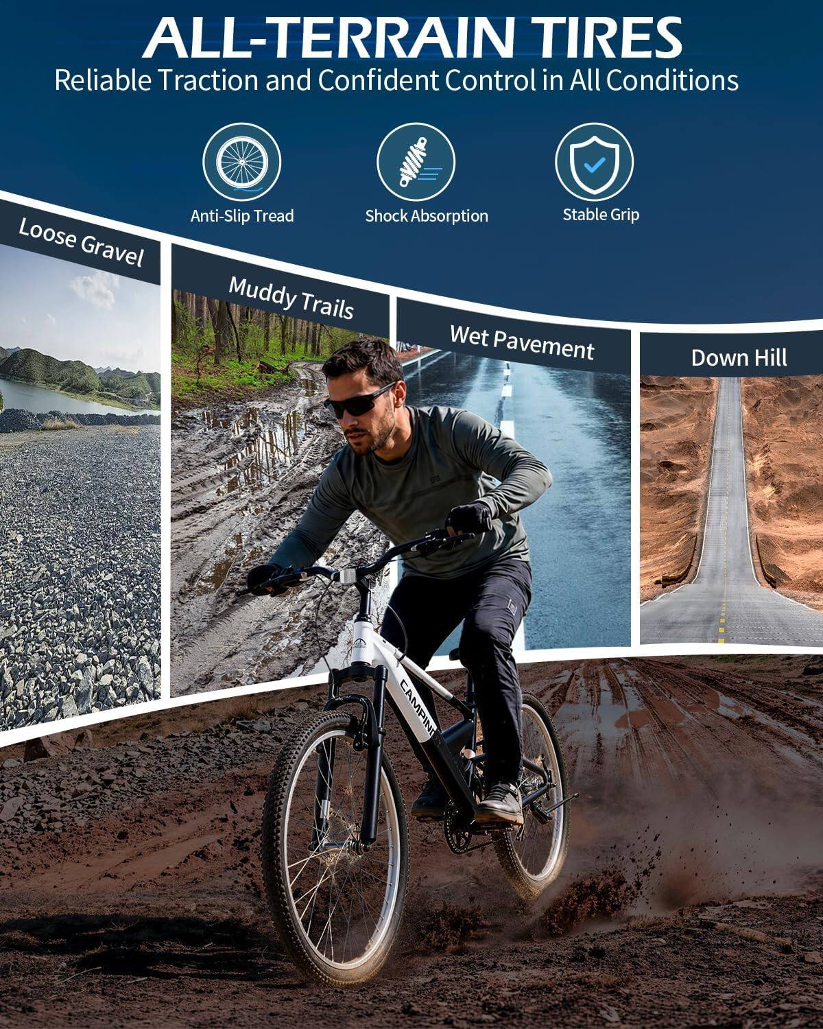 ALL-TERRAIN TIRES  
Reliable Traction and Confident Control in All Conditions  

Anti-Slip Tread  
Shock Absorption  
Stable Grip  

Loose Gravel  
Muddy Trails  
Wet Pavement  
Down Hill