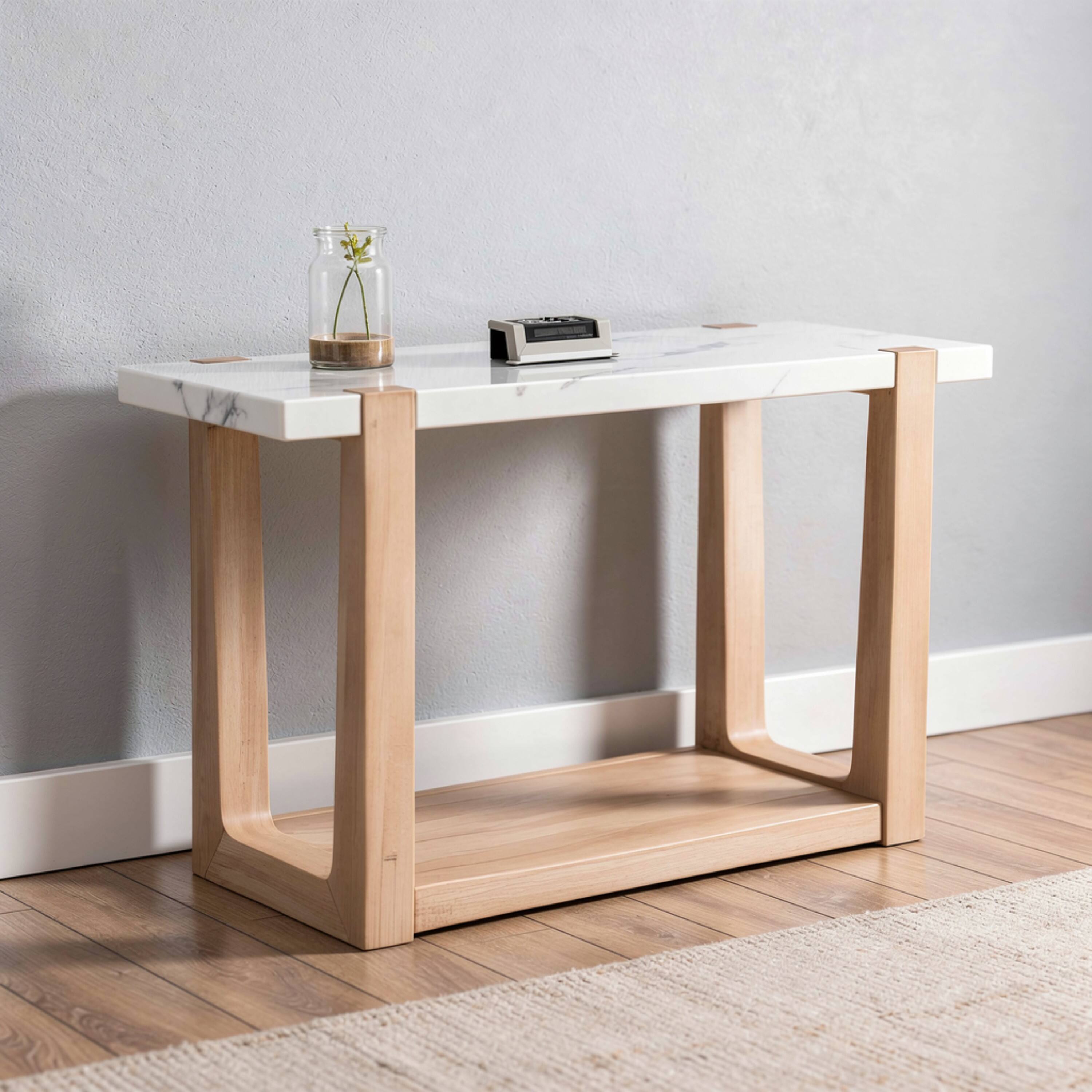 Alt View 4. Manhattan Lane - Sane Sofa Console Table, 50 Inch  Faux Marble Top with Shelf, - White, Natural Brown.