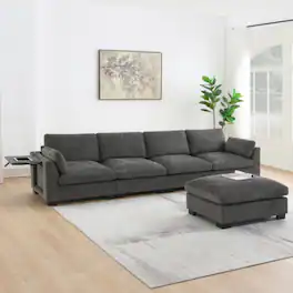 LUCKY ONE - 130" L-Shape Modular Chenille Sectional Sofa w/ Folding Table Dual USB Storage Pockets - Charcoal