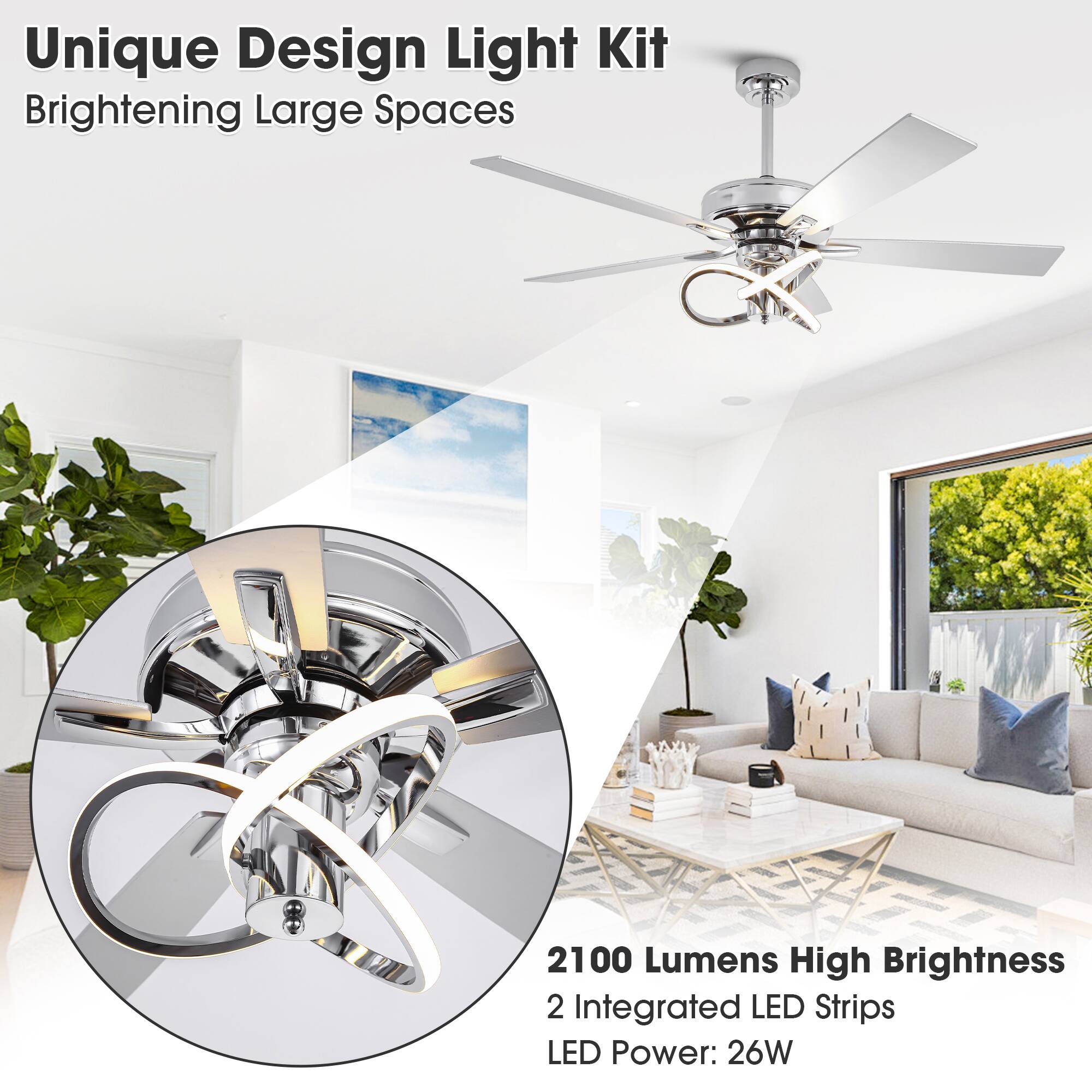 Unique Design Light Kit  
Brightening Large Spaces  

2100 Lumens High Brightness  
2 Integrated LED Strips  
LED Power: 26W