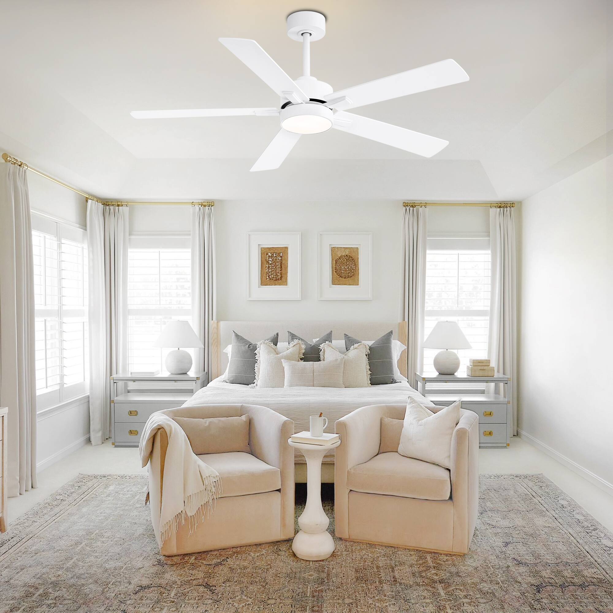 Angle. Breezary - 52" Modern Indoor Ceiling Fan with LED Light, 5 Reversible Plywood Blades, 6-Speed DC Motor, Remote, Timer, 5" Downrod - White.