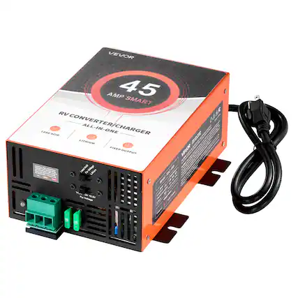 VEVOR 45 AMP SMART RV CONVERTER/CHARGER ALL-IN-ONE LEAD ACID LITHIUM FIXED OUTPUT CAUTION. PAL Lead Acid Voltage. MILK JOK.POOK 15 x ALMONIC MUNICO M SICCE with TOTAL Finu For Lithium Marin HOURS 14 VE. Fibe Voltage 16.5V Juanch 1 DE