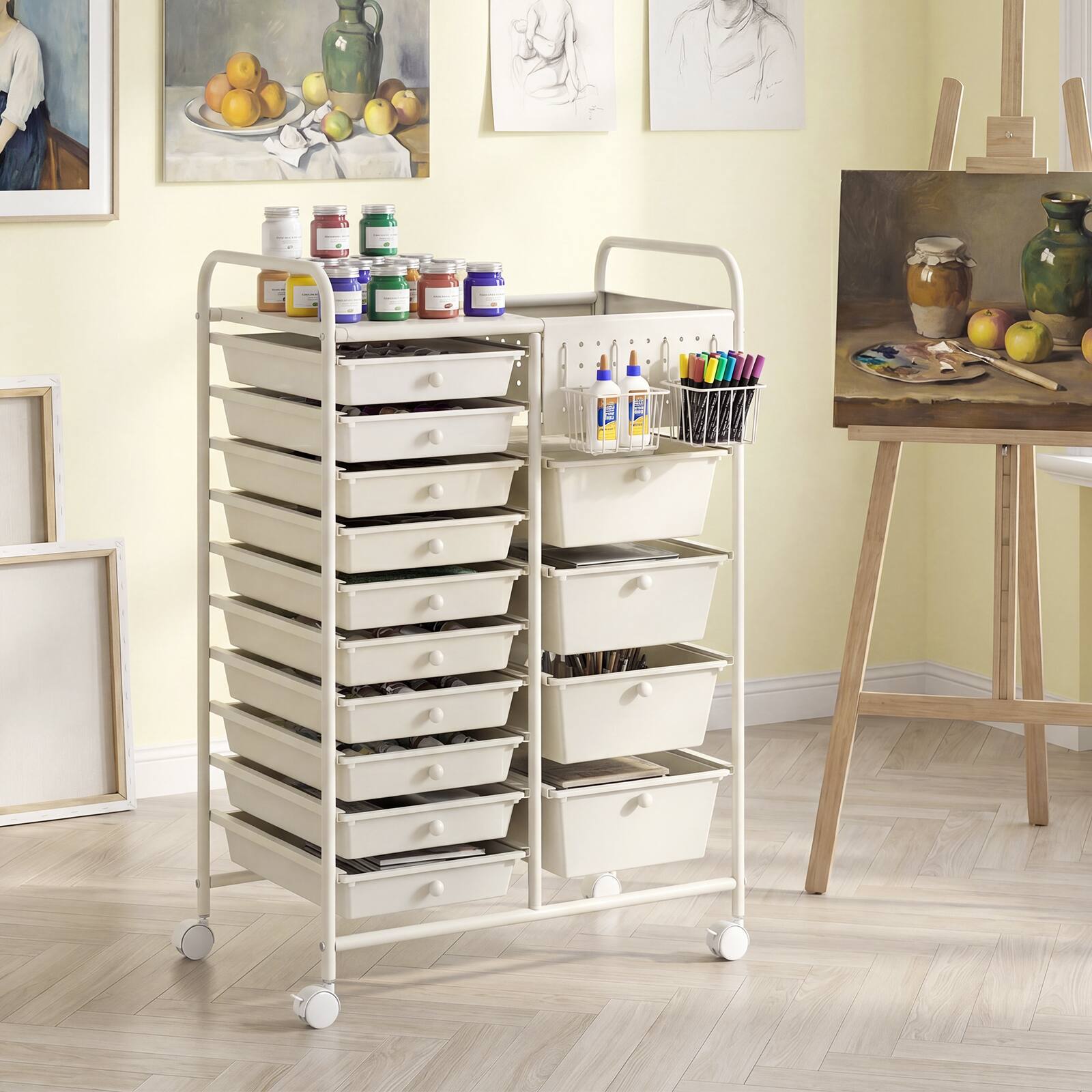 Alt View 1. Costway - Costway 14-Drawer Art & Craft Storage Carts with Pegboard, 2 Locking Brakes, Metal Frame for Home - White.