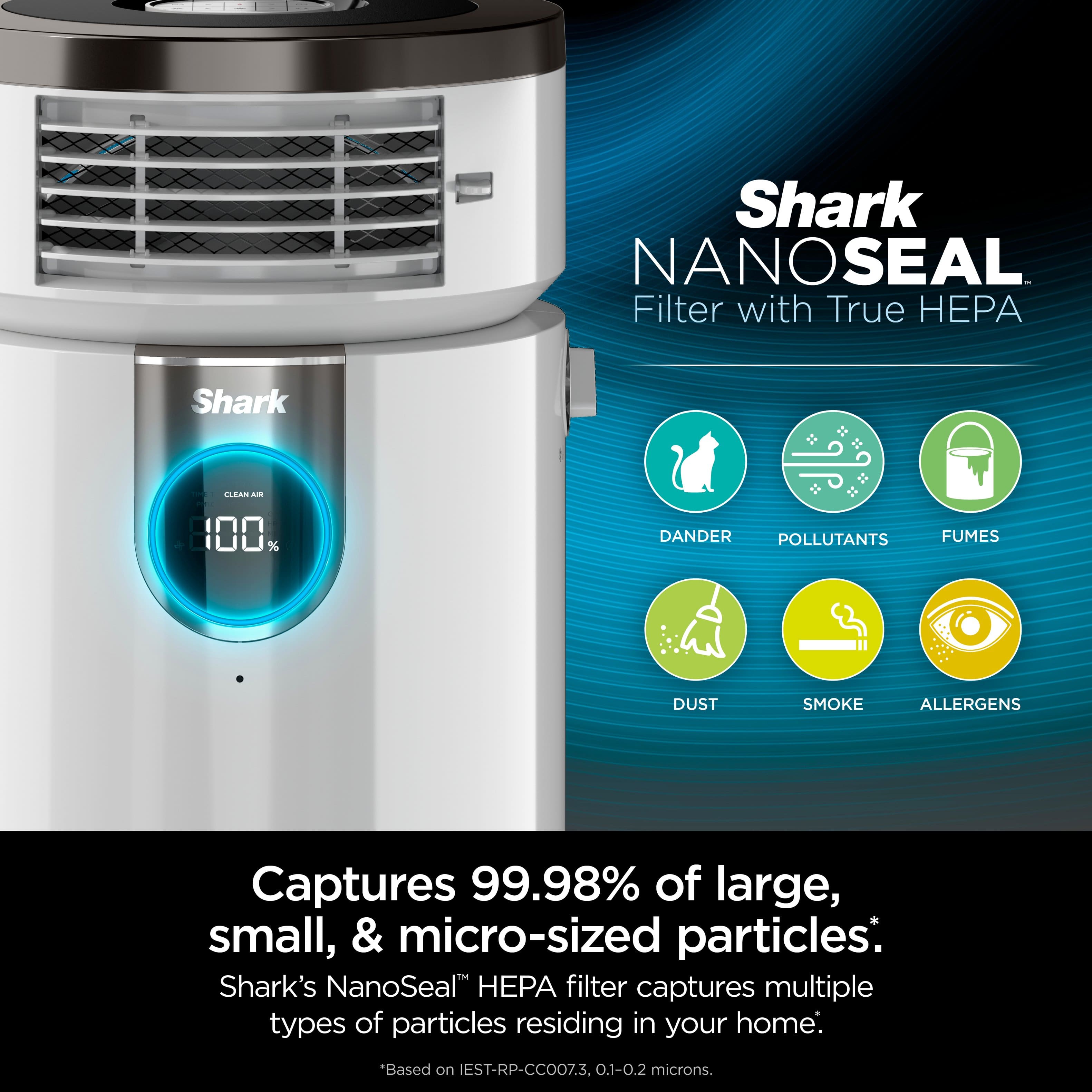 Shark NanoSeal Filter with True HEPA: Captures 99.98% of large, small, and micro-sized particles. Shark's NanoSeal EPA filter captures multiple types of particles residing in your home. Based on EST-RP-CCO07.3. 0.1-0.2 microns.