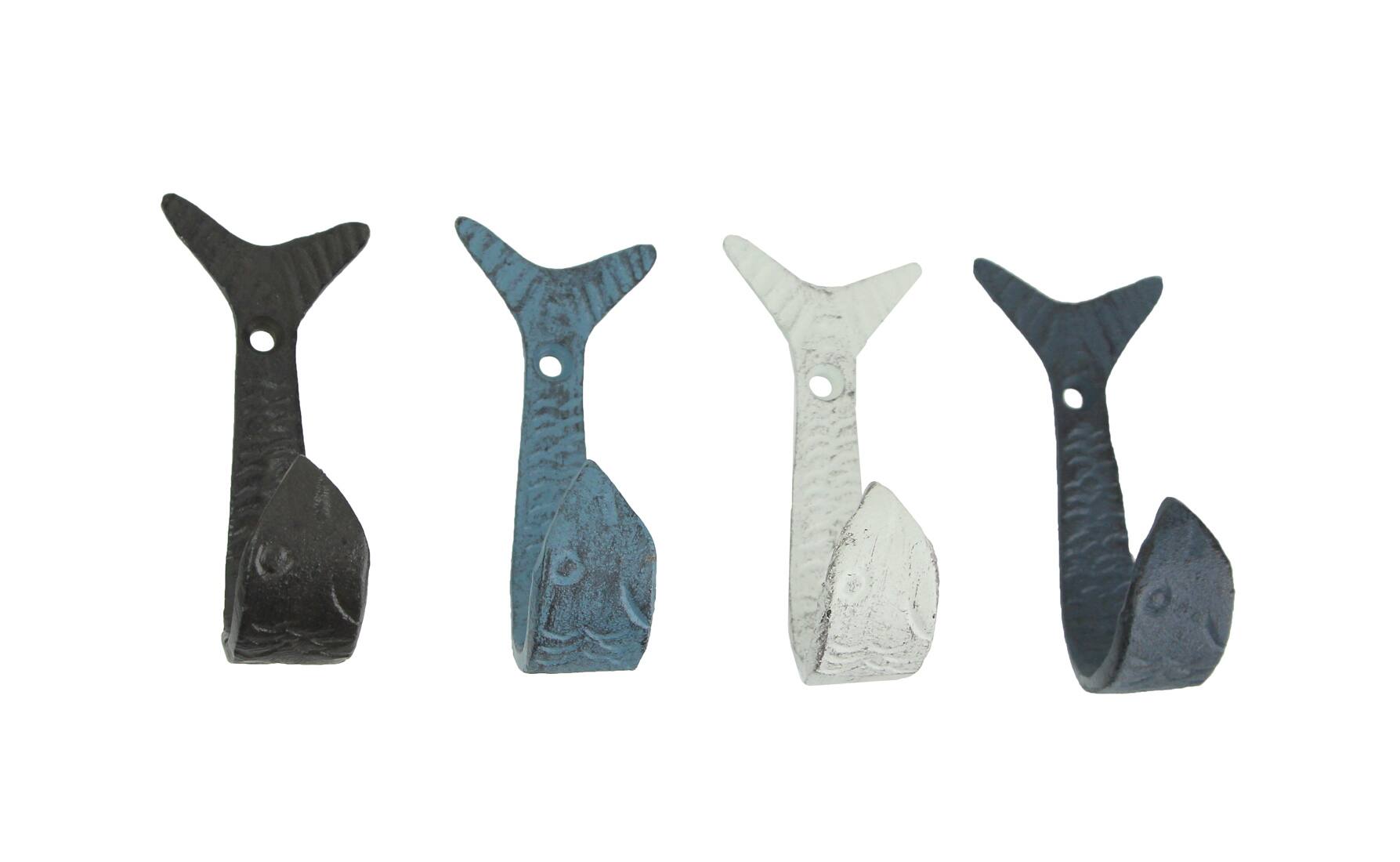 Front. Zeckos - Set of 4 Coastal Color Cast Iron Flipping Fish Decorative Wall Hooks - Nautical.