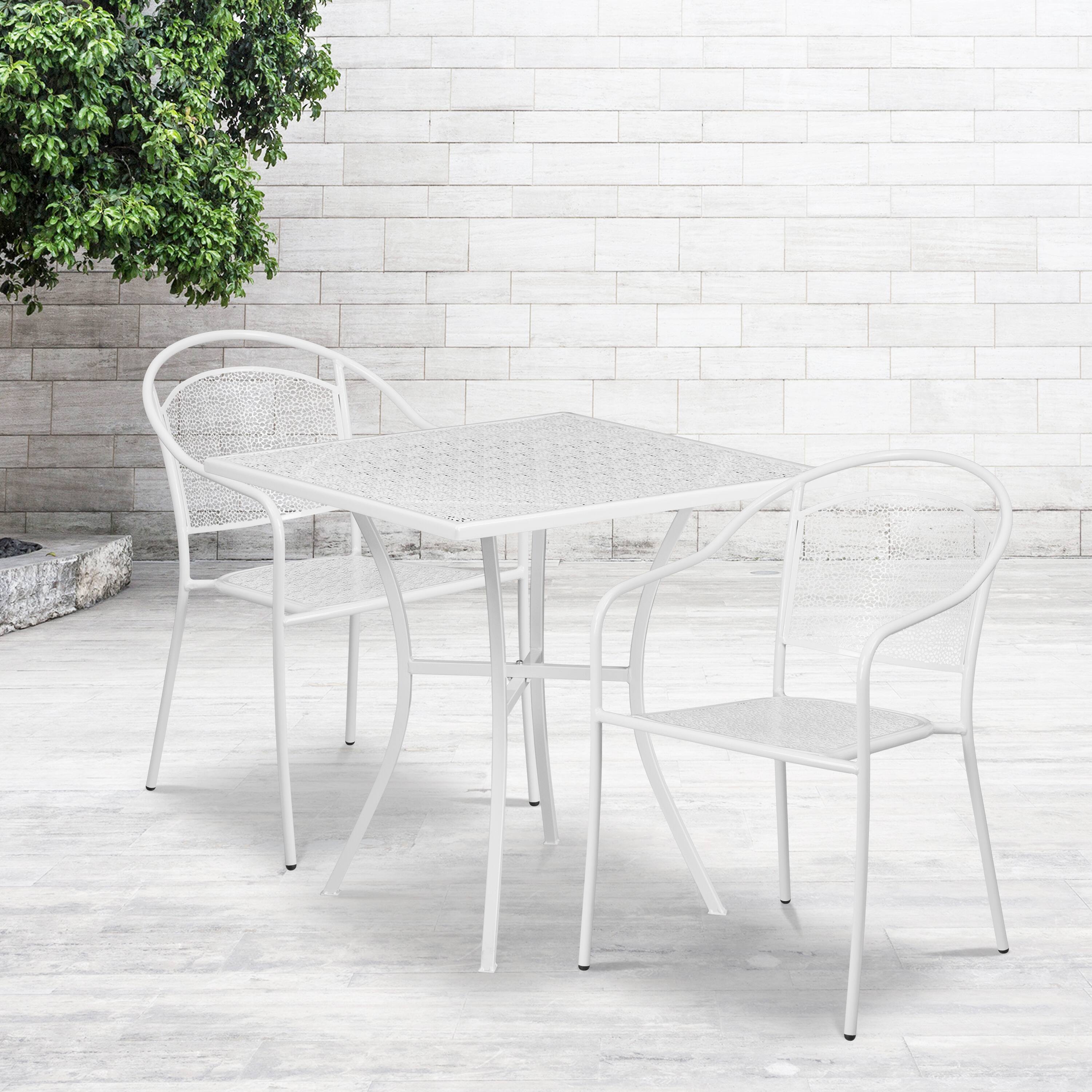 Alt View 1. Emma + Oliver - Commercial Grade 28" Square Metal Patio Table Set with 2 Round Back Chairs - White.