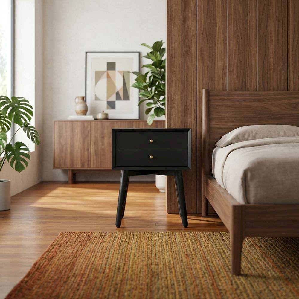 Alt View 4. FurniFact - Wooden Nightstand with MDF and Poplar Veneer Finish for Modern Bedroom Style - Matte Black.