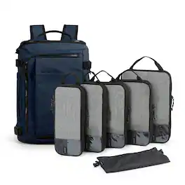 Bagsmart - Blast Travel Backpack with Packing Cubes Set, Carry On Luggage Backpack for Travel, Work & Weekend Trips - Navy Blue