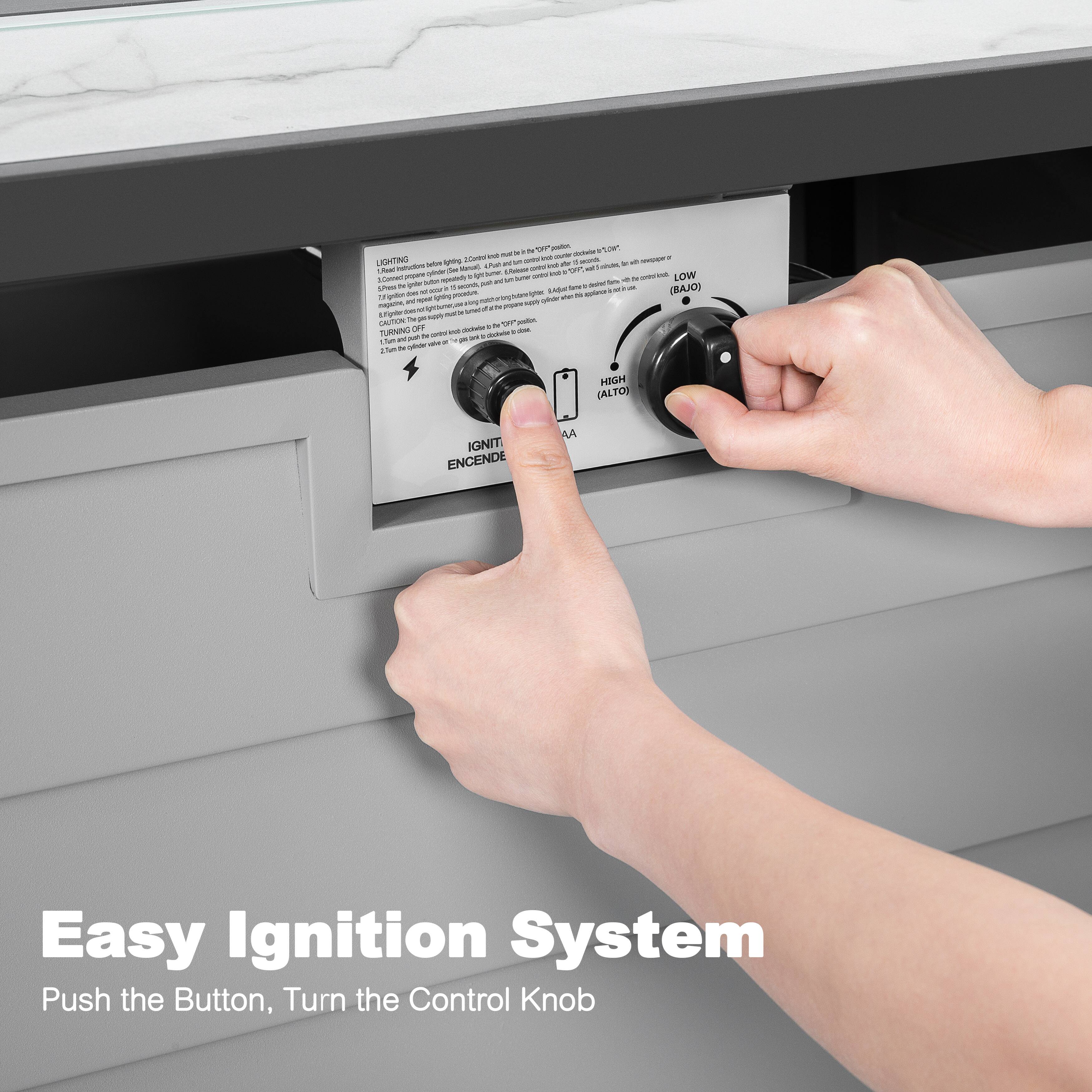 Easy Ignition System  
Push the Button, Turn the Control Knob  

LIGHTING  
1. Connected propane tank must be in the "ON" position.  
2. Ignition button must be pressed to ignite the burner.  
3. Turn the control knob to the desired flame level.  
4. If the burner does not ignite, turn the knob to the "OFF" position and try again.  
5. If the burner still does not ignite, check the propane tank and connections.  

TURNING OFF  
1. Turn the control knob to the "OFF" position.  
2. Turn the ignition button to the "OFF" position.  

HIGH (ALTO)  
LOW (BAJO)  

IGNITI ENCIENDE