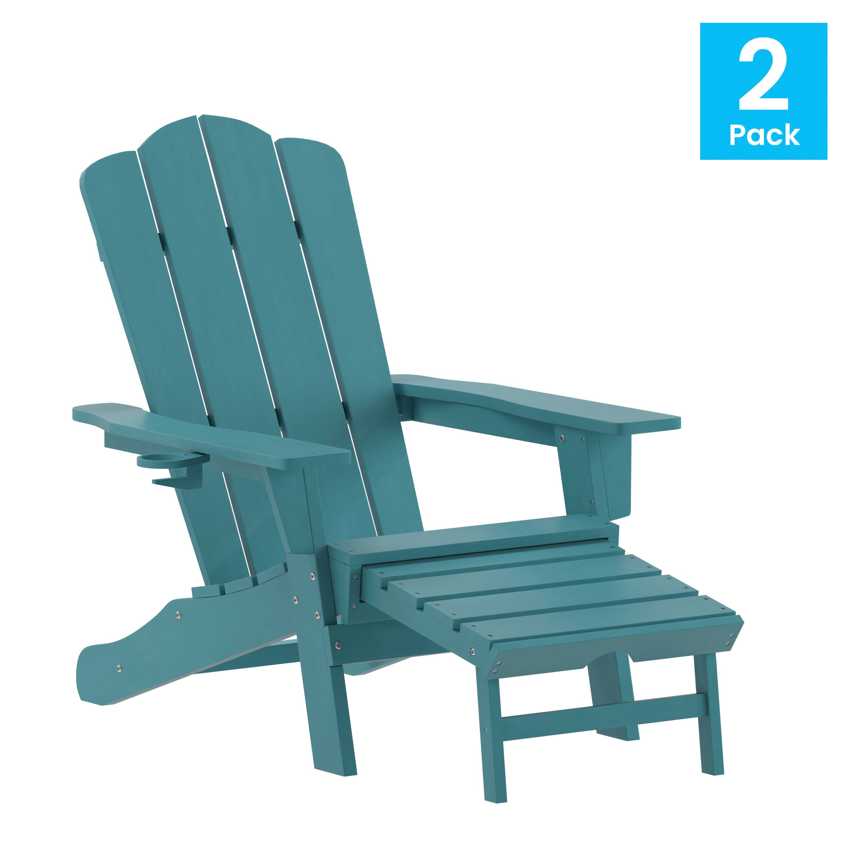 Alt View 1. Emma + Oliver - Tiverton Set of 2 Adirondack Chairs with Cup Holders and Pull Out Ottoman, All-Weather HDPE Indoor/Outdoor Lounge Chairs - Blue.