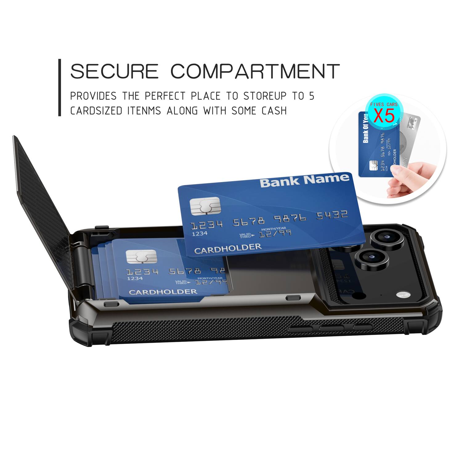 SECURE COMPARTMENT PROVIDES THE PERFECT PLACE TO STORE UP TO 5 CARDSIZED ITEMS ALONG WITH SOME CASH

FIVES CARDS X5

Bank Name
1234 5678 9876 5432
1234
MONTH/YEAR 12/99
CARDHOLDER

Bank Name
1234 5678
1234
MONTH/YEAR 12/99
CARDHOLDER