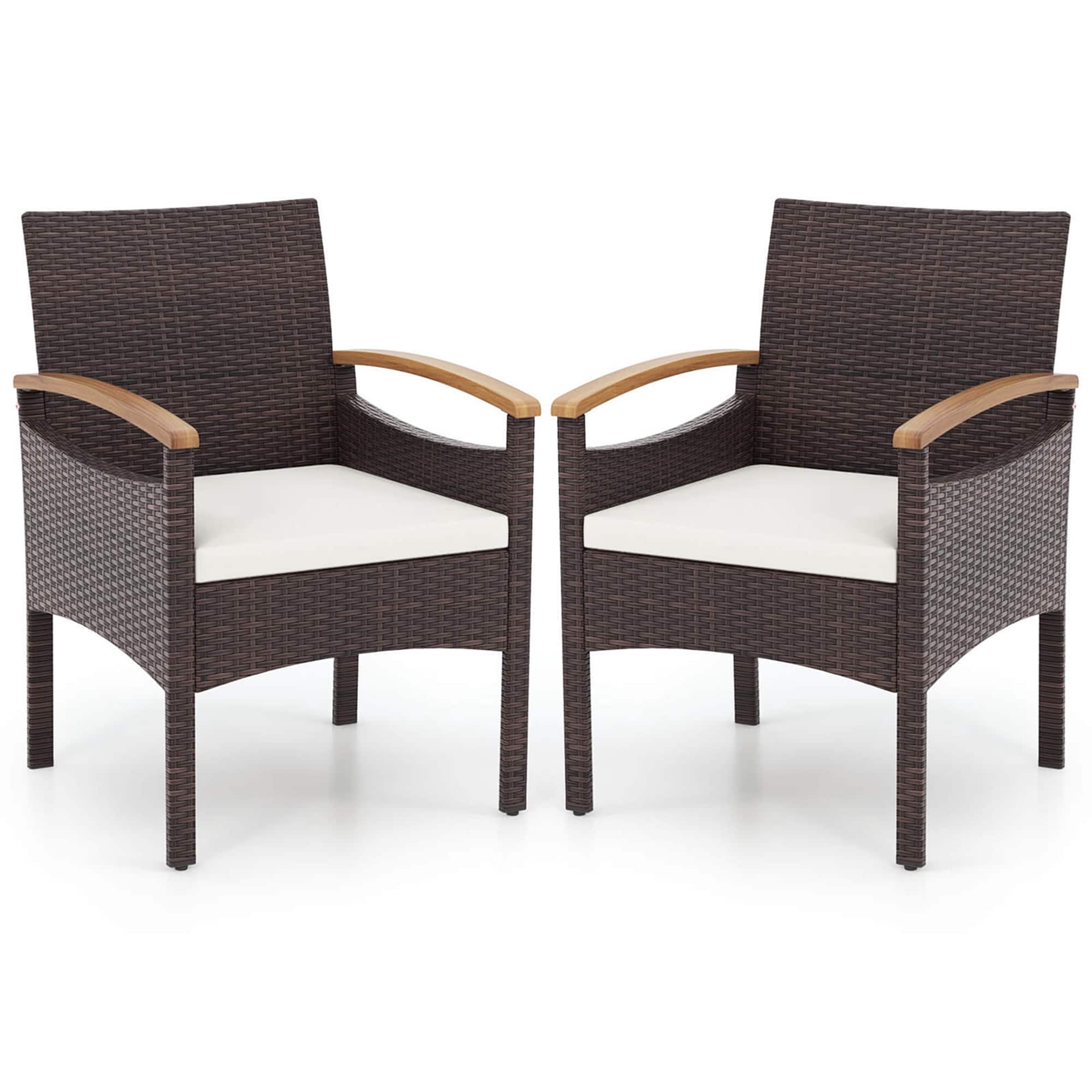 Costway - Patio Dining Chairs Set of 2 with Acacia Wood Armrest Heavy Duty Metal Frame - Mix Brown + Off White