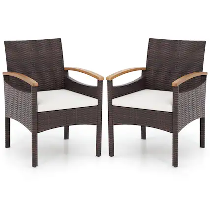 Front. Costway - Patio Dining Chairs Set of 2 with Acacia Wood Armrest Heavy Duty Metal Frame - Mix Brown + Off White.